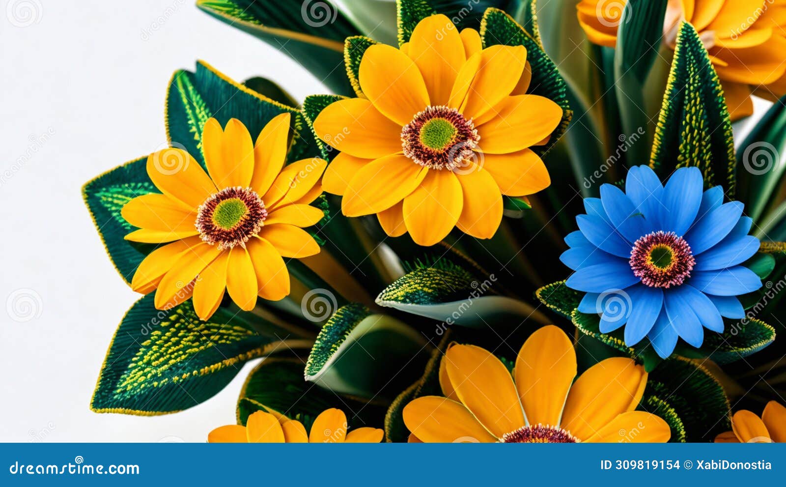 tiesto with beautiful yellow and blue flowering plants with green leaves and yellow speckles