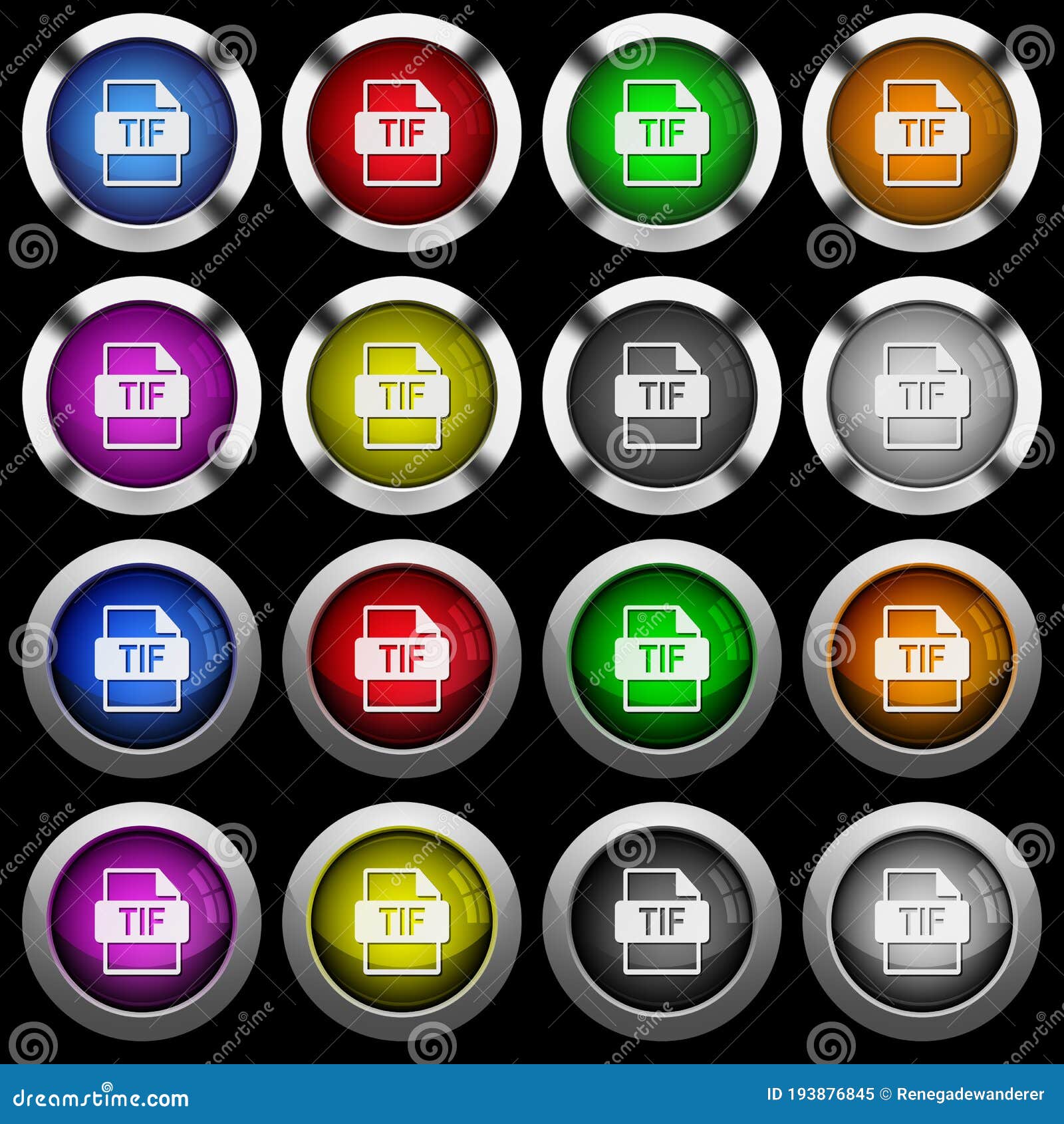 TIF File Format White Icons in Round Glossy Buttons on Black Background