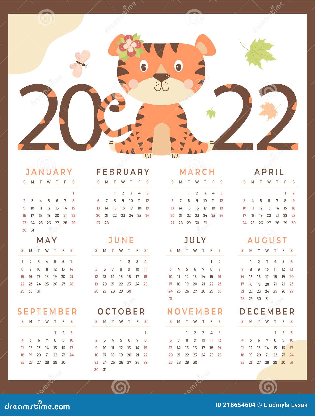 Chinese New Year 2022 Calendar Tiger Calendar For 2022. Tiger Symbol Of The New Year 2022. Childrens  Calendar With A Cute Animal, Flowers And A Stock Vector - Illustration Of  Animal, Planner: 218654604