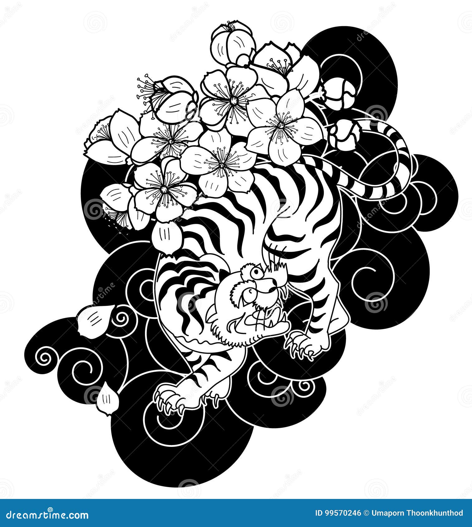 Tiger with Flower and Japanese Cloud Tattoo Design Vector Stock Vector -  Illustration of drawn, dragon: 99570246