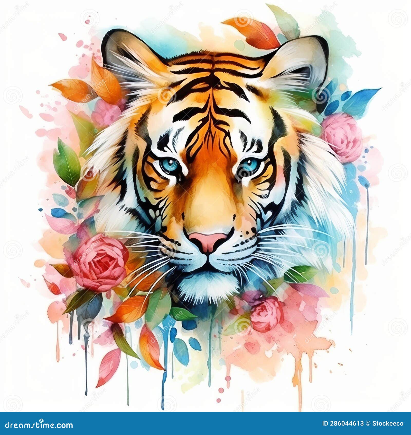 tiger with flowers watercolor painting print - graffiti-inspired animal art