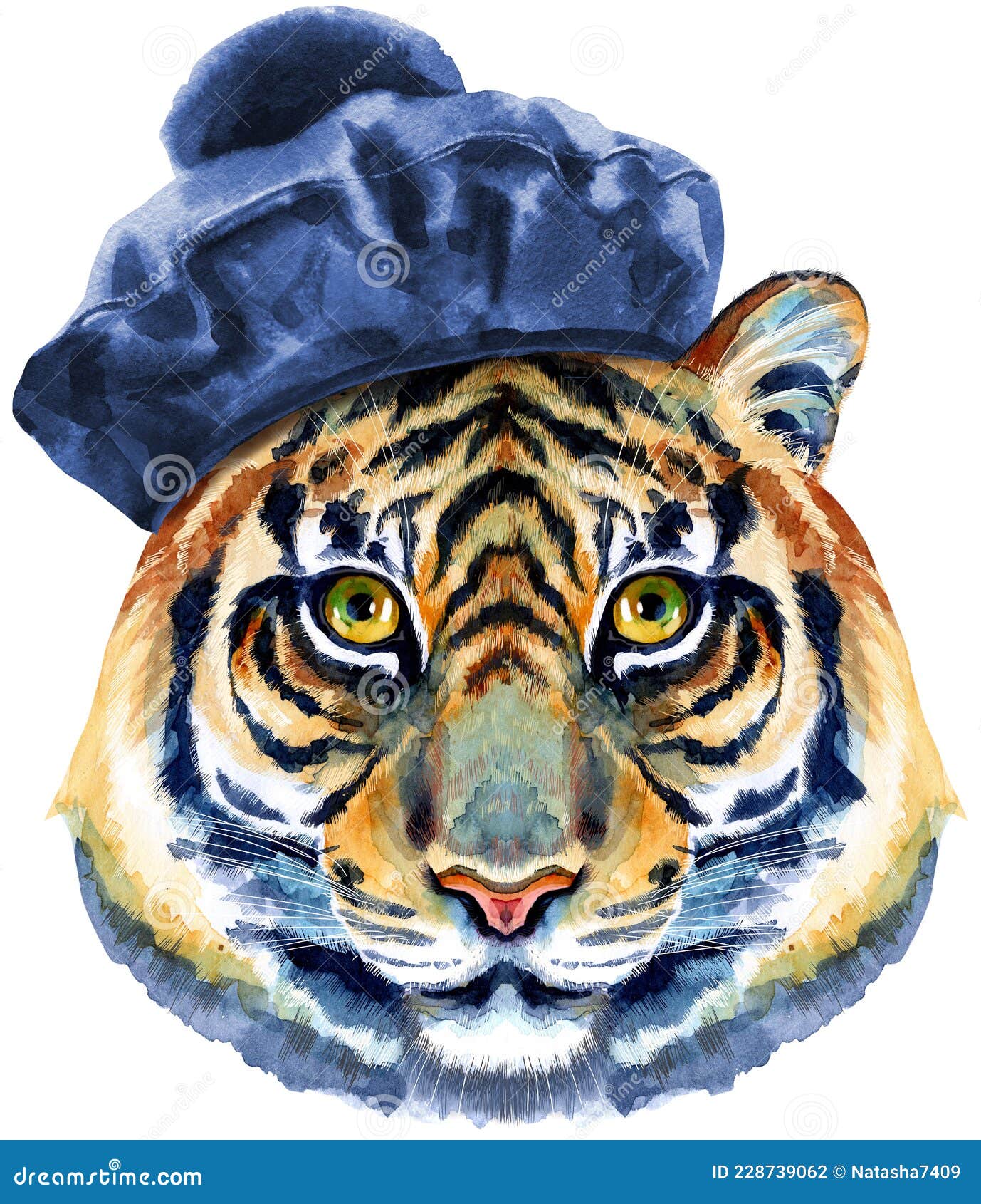 Tiger Black Beret in Pom-pom. Watercolor Illustration Isolated on White Background. Stock Photo - Image head, animal: 228739062