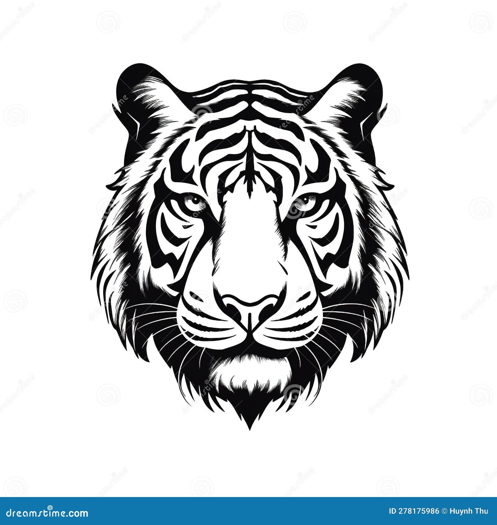 Tiger Head, Cartoon Style, Black and White Color, Minimalist, Isolated ...