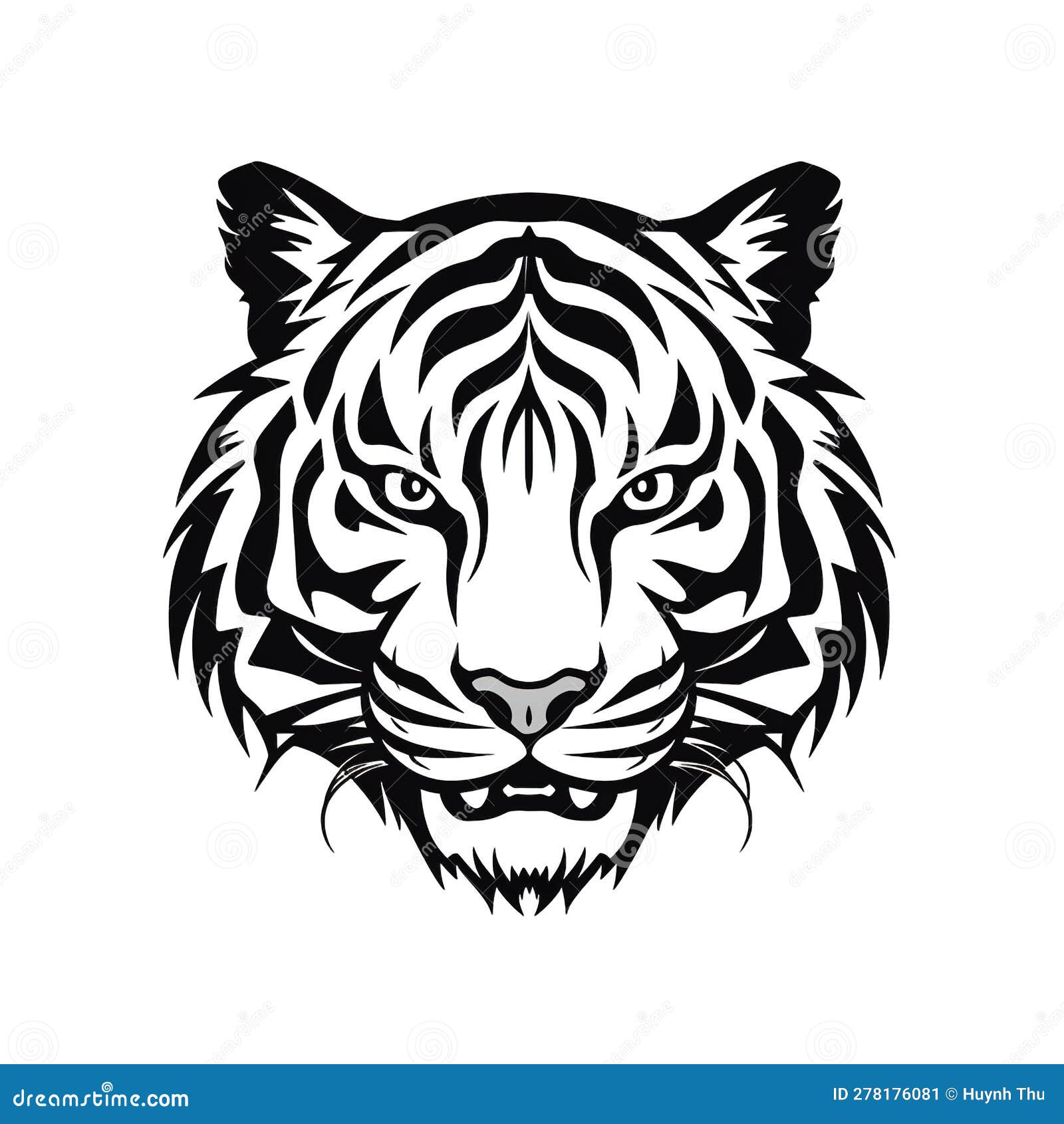Tiger Head, Cartoon Style, Black and White Color, Minimalist, Isolated ...