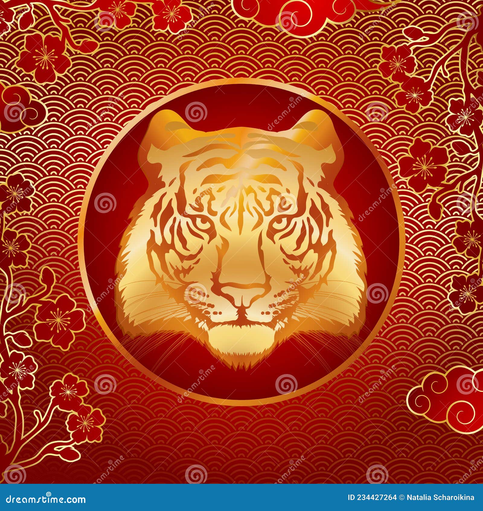 tiger head. gold silhouette of a tiger head on a red background with a pattern.