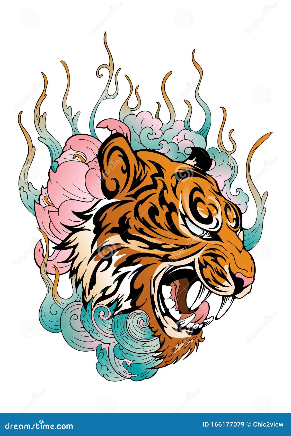 Tiger Head in Roar with Lotus Flower Decorate with Cloud or Smoke Design  with Oriental Japanese Tattoo Style Stock Illustration - Illustration of  drawn, fashion: 166174656