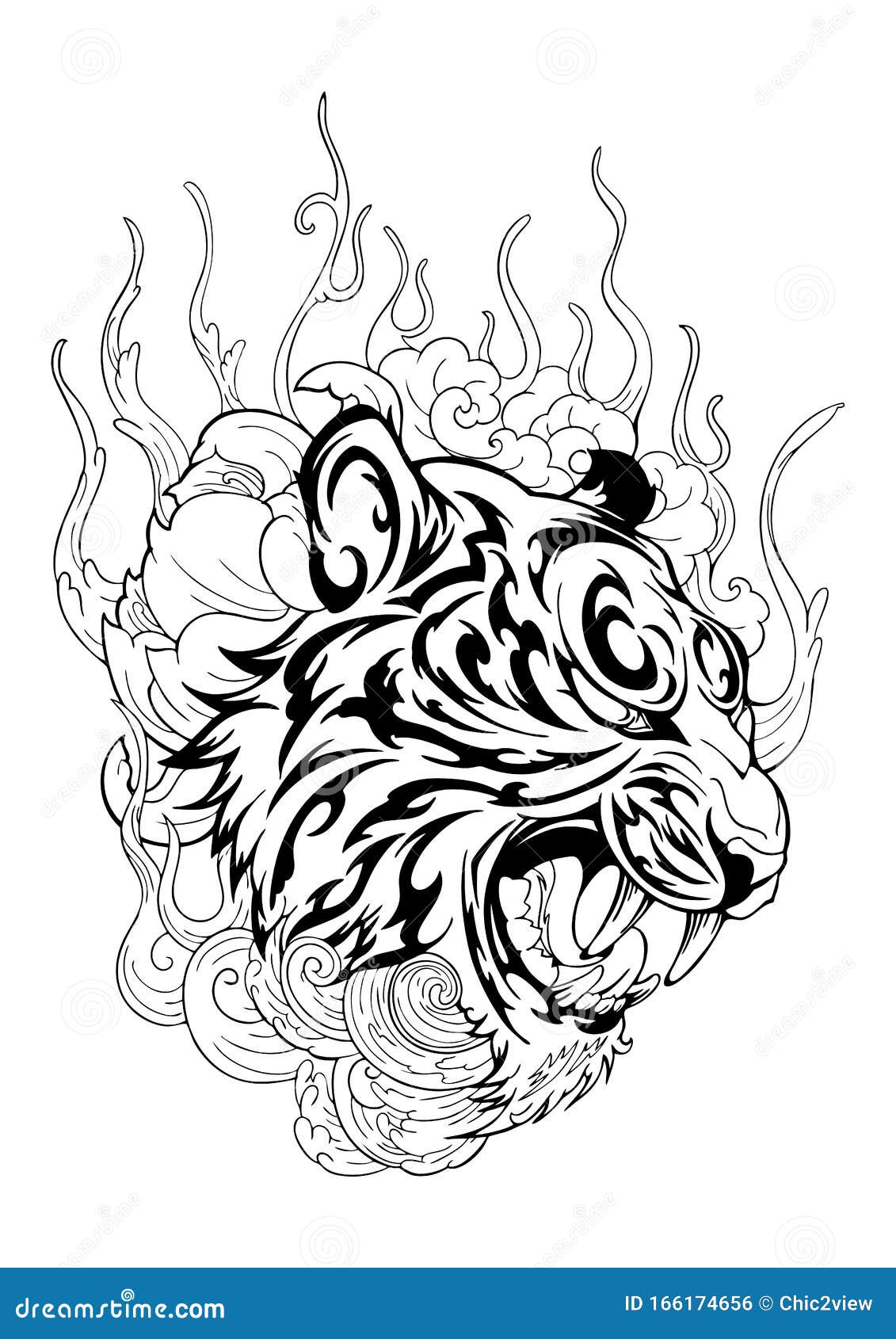 Tiger Head in Roar with Lotus Flower Decorate with Cloud or Smoke Design  with Oriental Japanese Tattoo Style Stock Illustration - Illustration of  drawn, fashion: 166174656