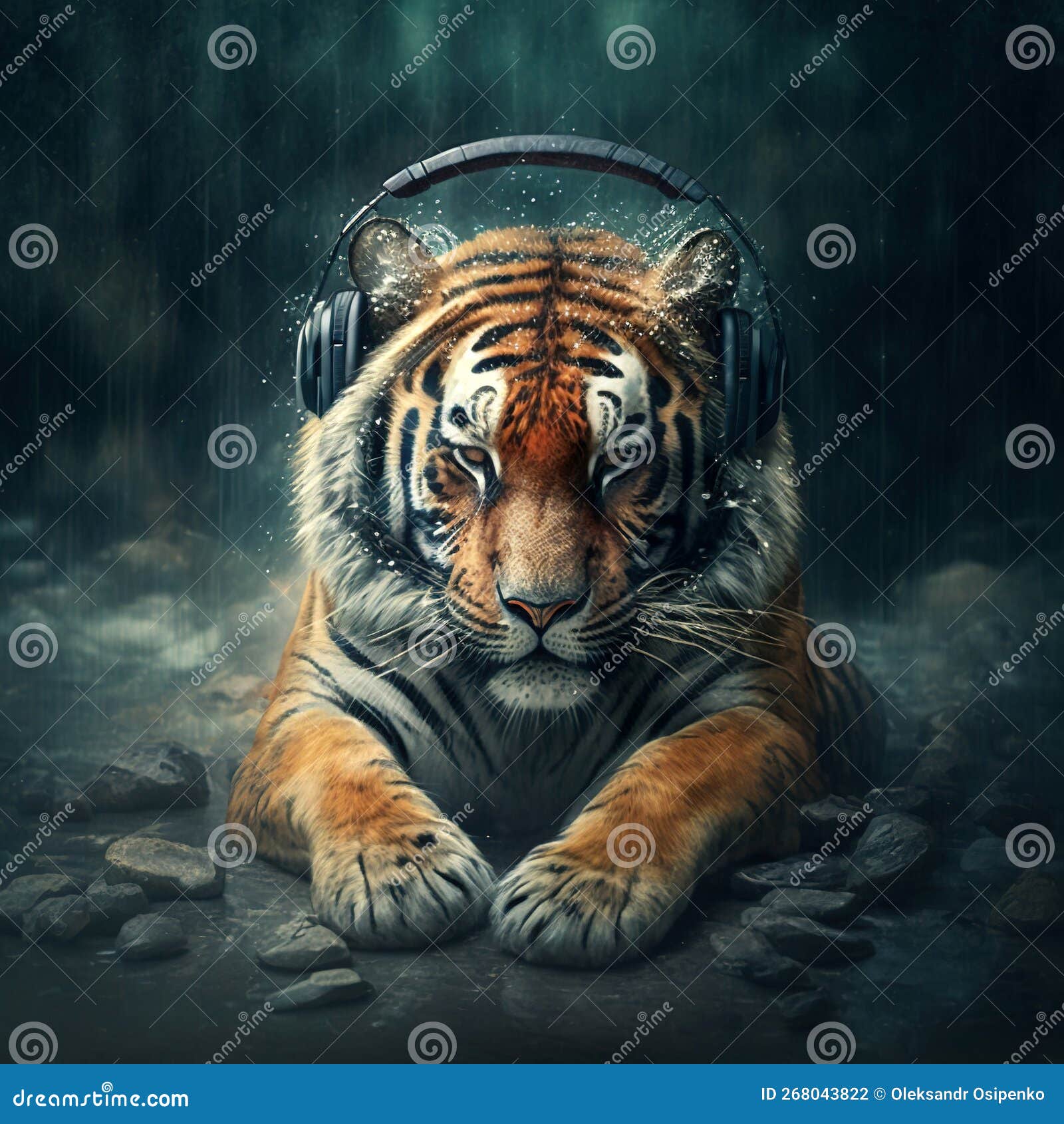 Tiger in the rain. 3D rendering. Digital painting., Ai Generative