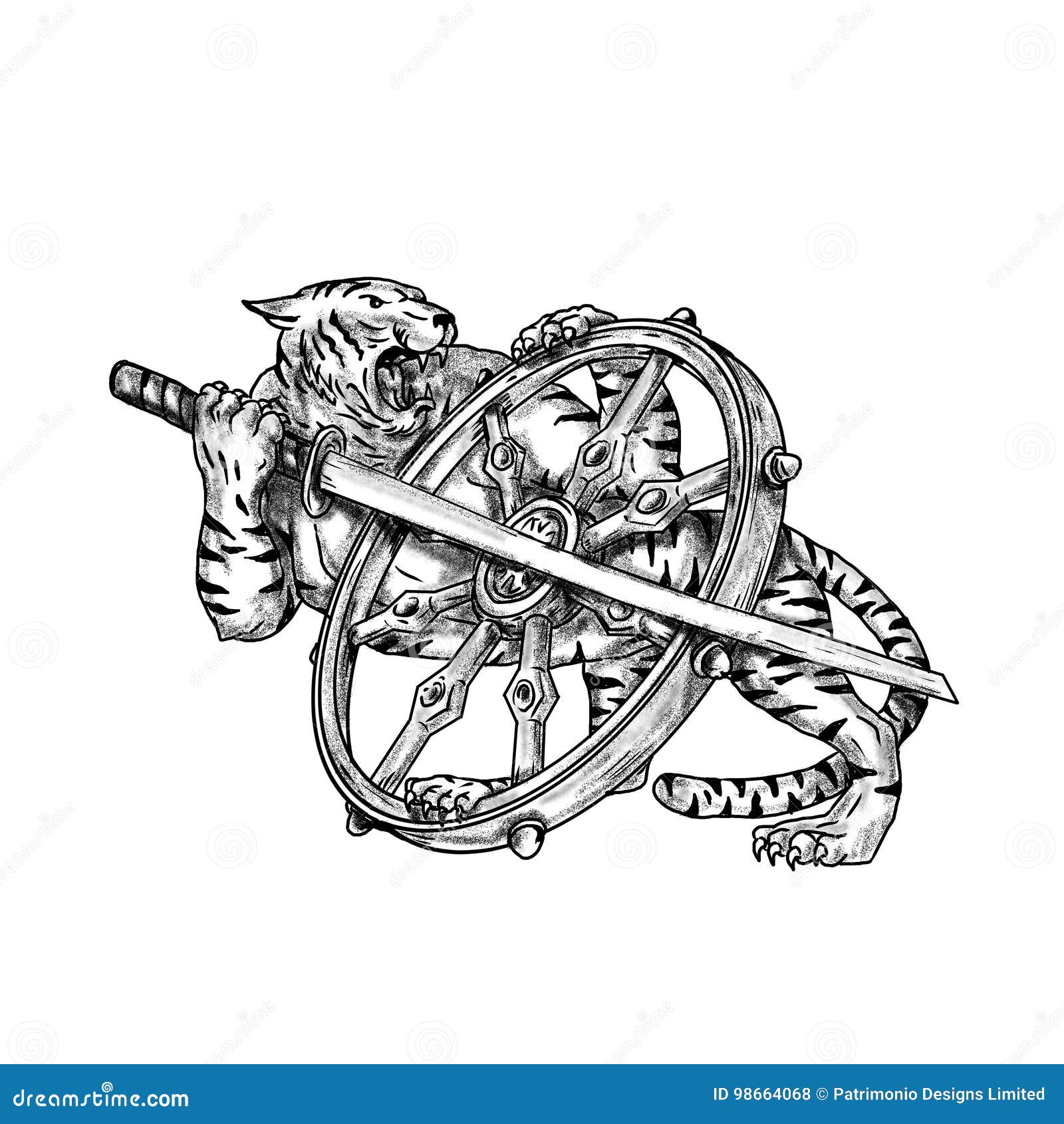 Tiger with Katana Y Dharma Wheel Tattoo Stock de ilustración - Ilustración  de tigre, felino: 98664068, image size:1300x1390
