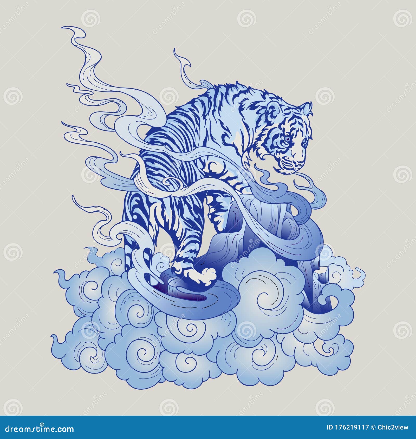 Tiger Oriental Japanese or Chinese Illustration Doodle in Tattoo Style with  Blue Porcelain Tone Stock Illustration - Illustration of gray, jungle:  176219117