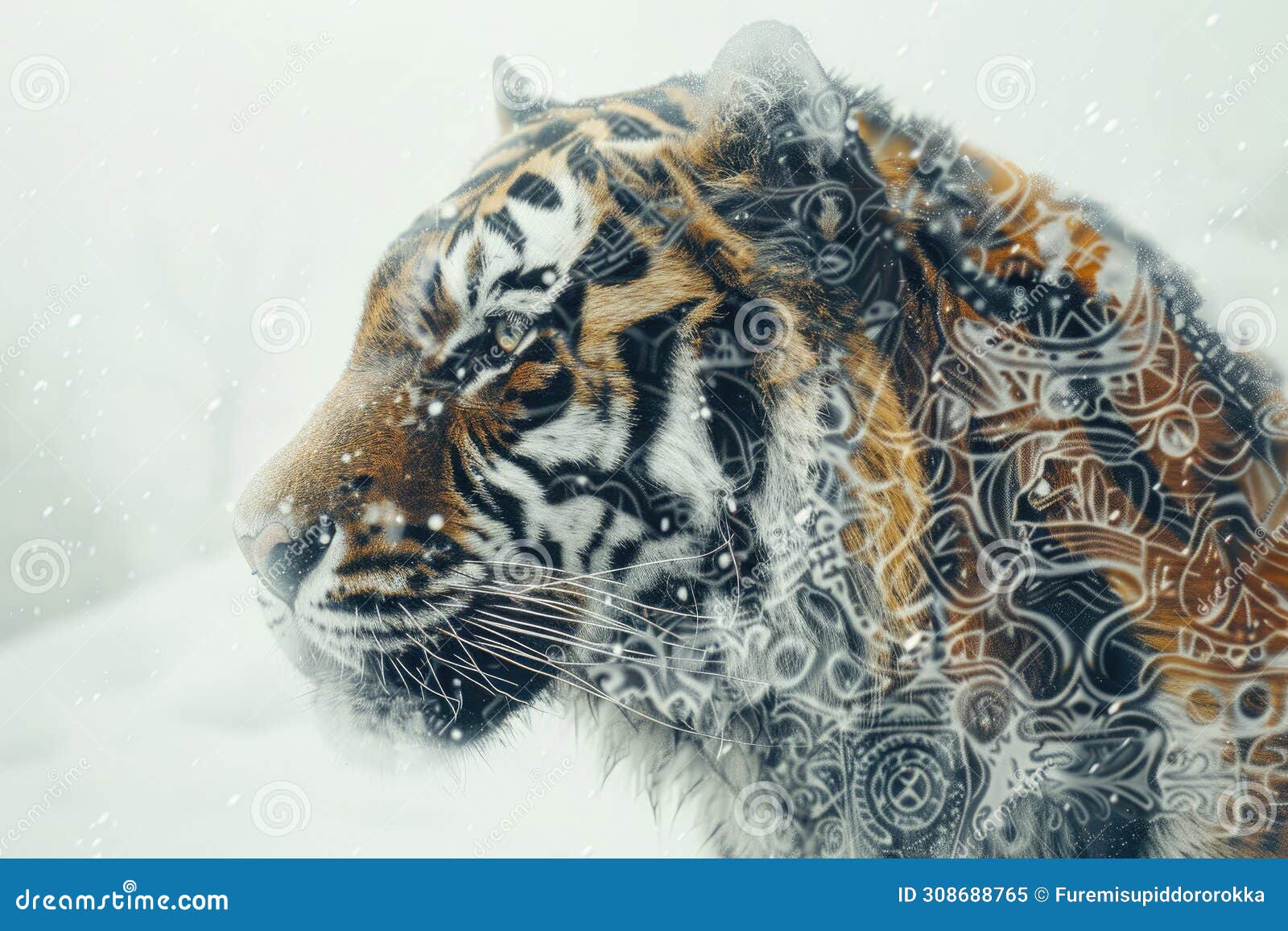 a tiger overlaid with the intricate patterns of a mandala  in a double exposure