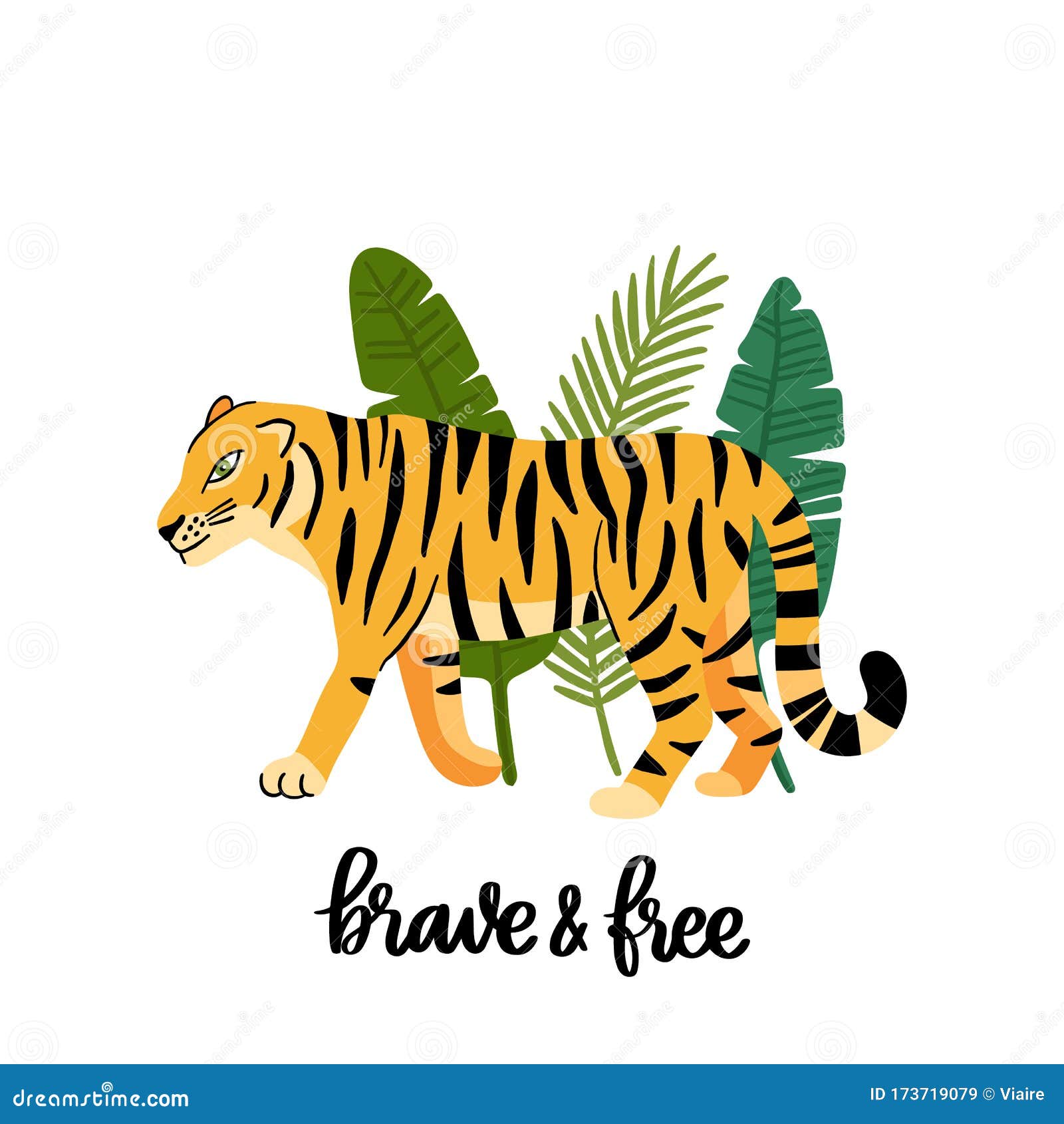 Tiger with Palm Leaves and Motivational Phrase: Brave and Free. Stock Vector - Illustration of cartoon, cheetah: 173719079 Tiger with Palm Leaves and Motivational Phrase: Brave and Free. Stock Vector - Illustration of cartoon, cheetah: 173719079