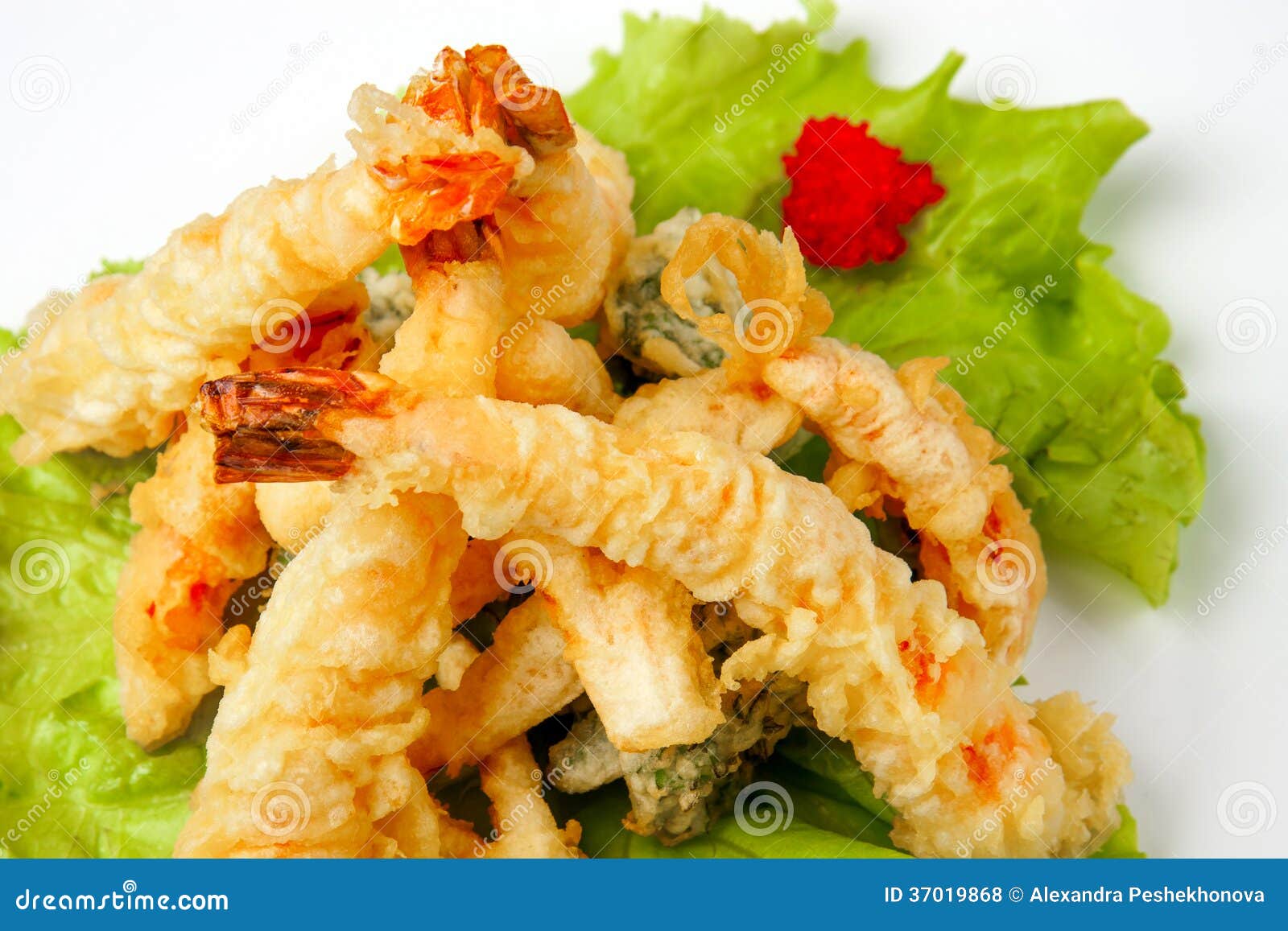 Tiger Prawns in Tempura with Lettuce Leaves Stock Photo - Image of ...