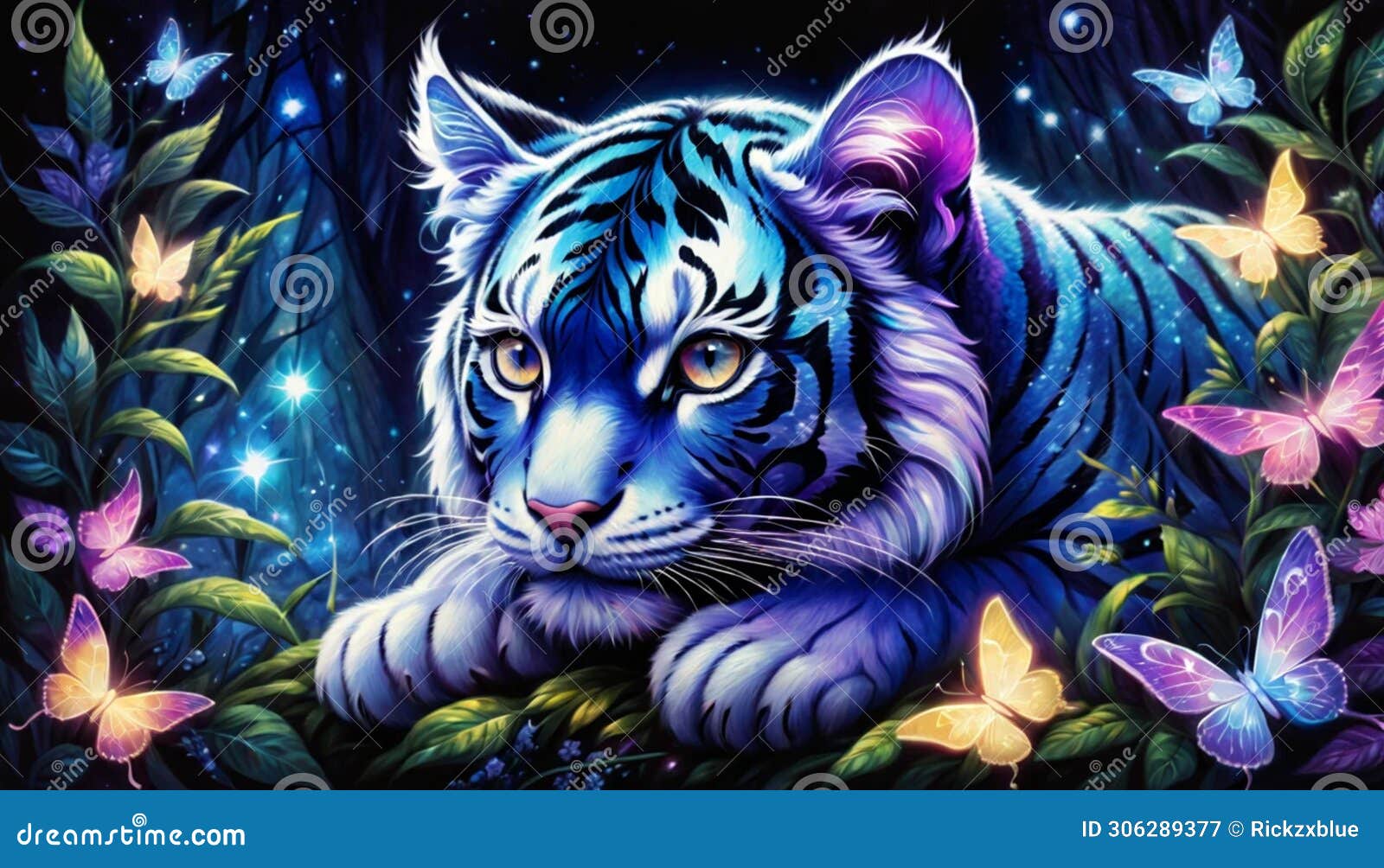 Tiger Reclining on Emerald Arm in Enchanted Forest with Neon