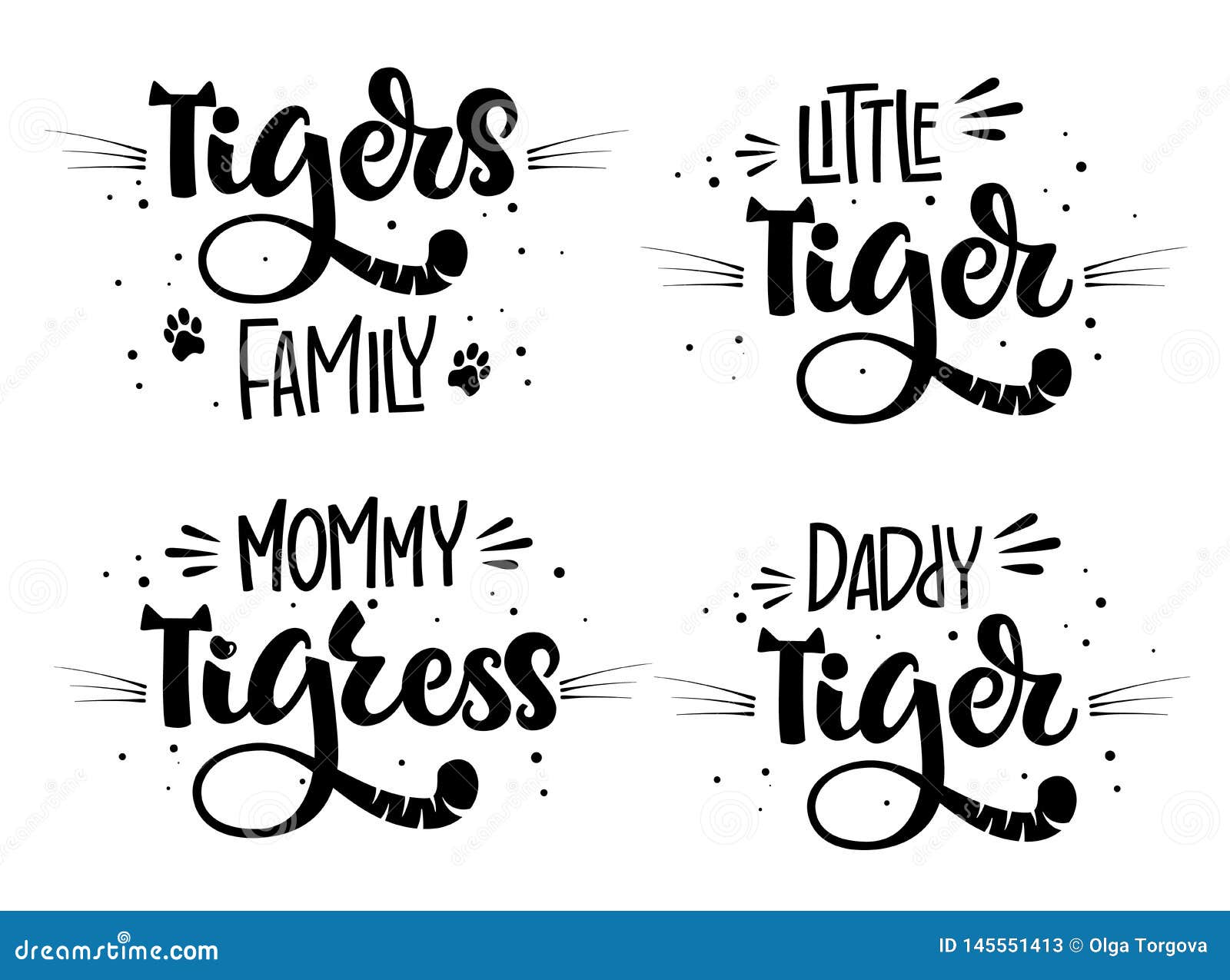 Tiger`s Family Set of Hand Draw Calligraphy Script Lettering Whith Dots,  Splashes and Whiskers Decore Stock Illustration - Illustration of  inspirational, hand: 145551413