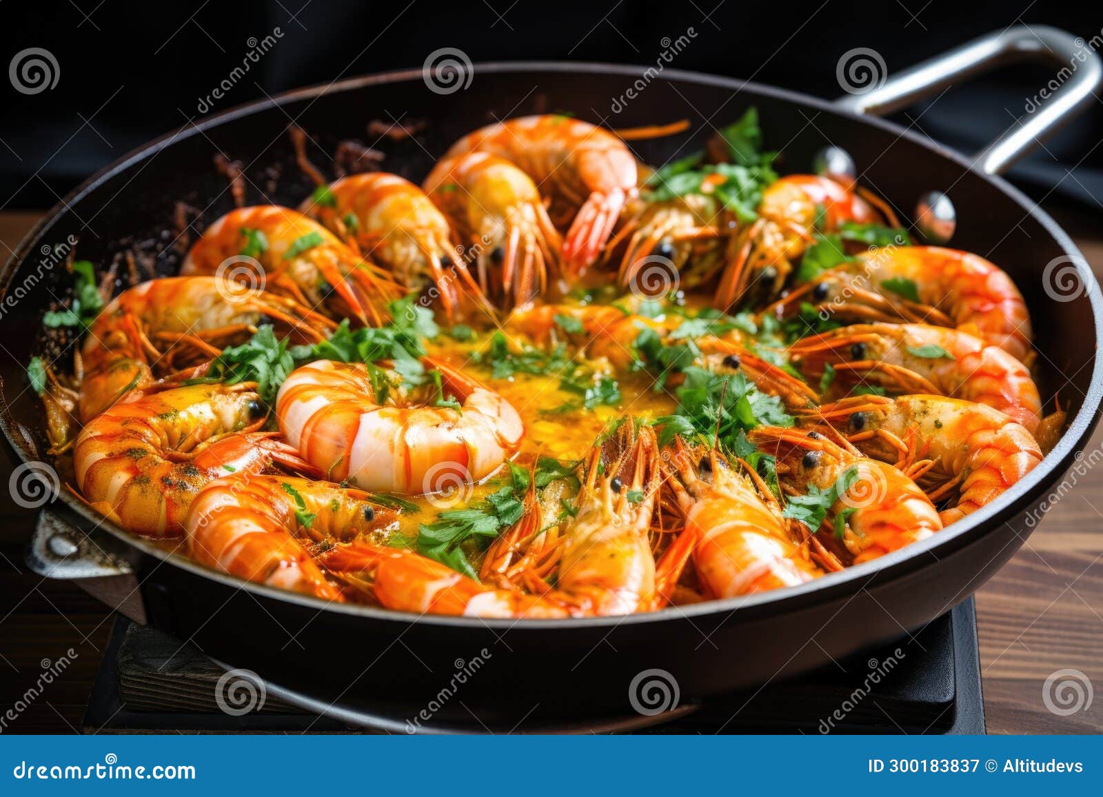 Tiger Shrimp Prawn in a Pan with Fresh Herbs and Garlic Stock Image