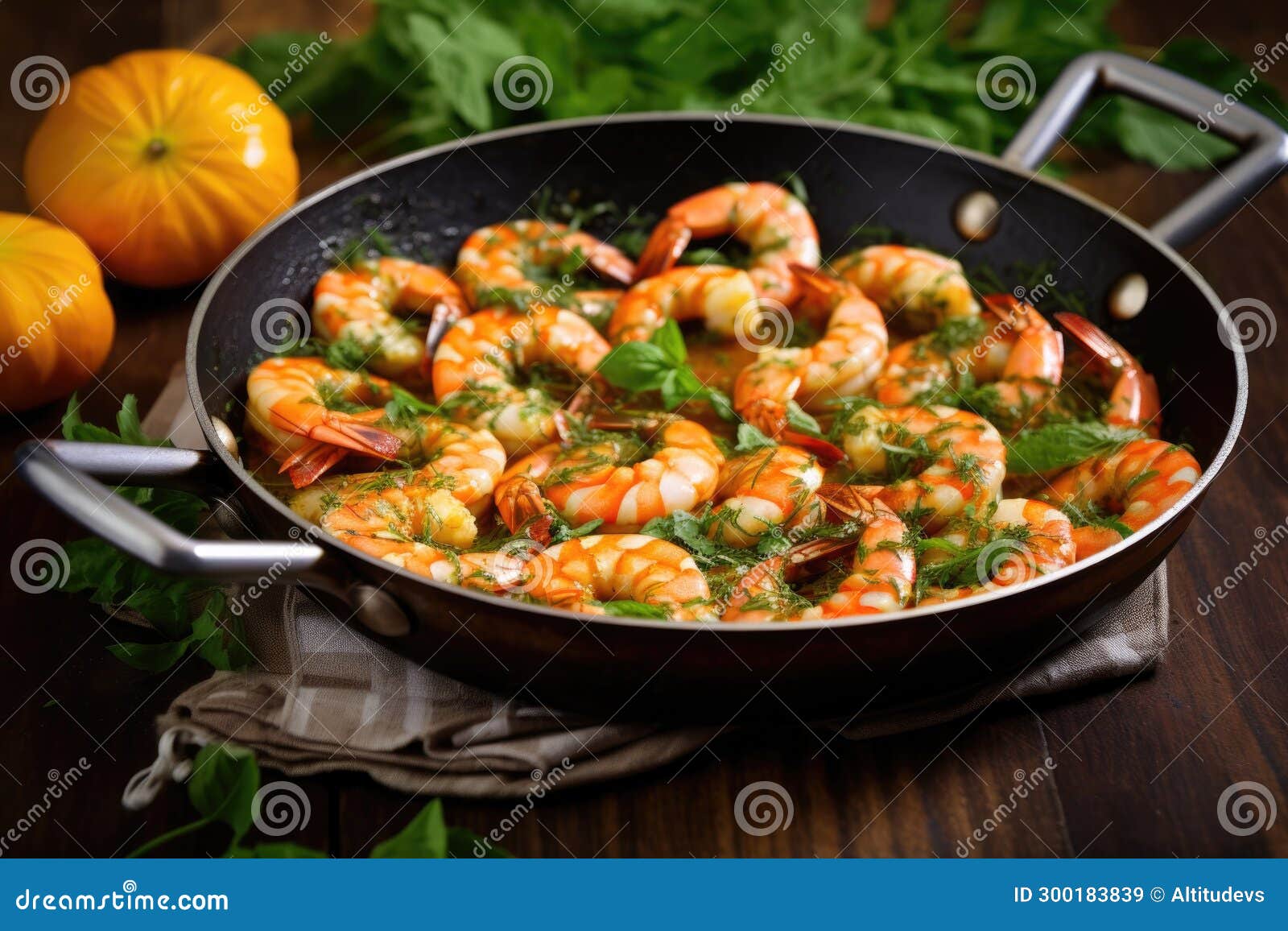 Tiger Shrimp Prawn in a Pan with Fresh Herbs and Garlic Stock Image