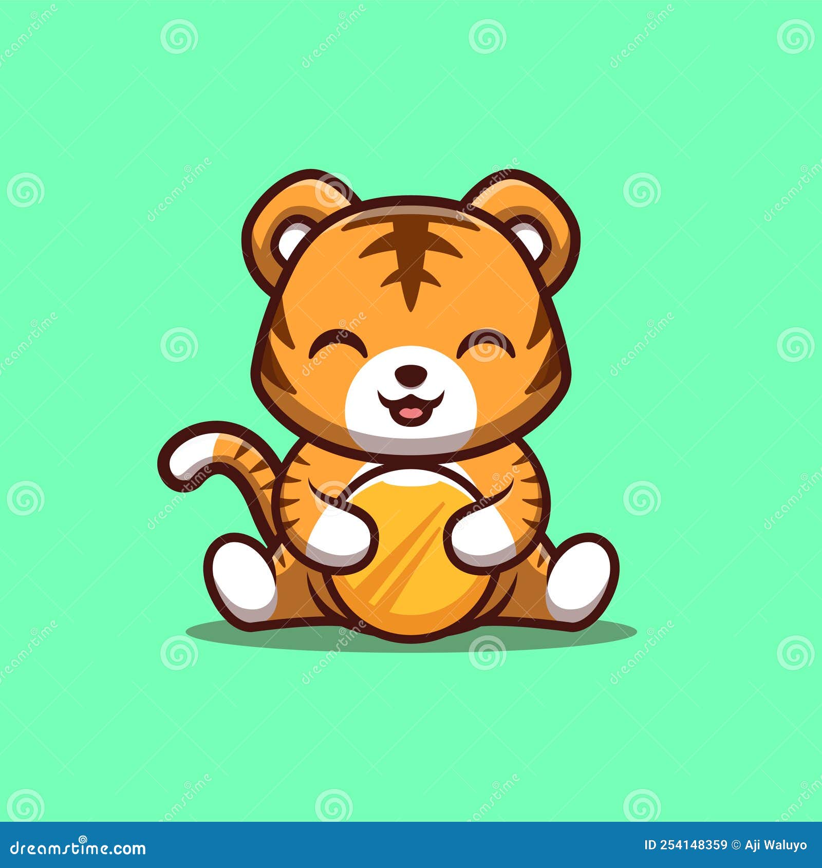 tiger sitting gold coin cute creative kawaii cartoon mascot logo