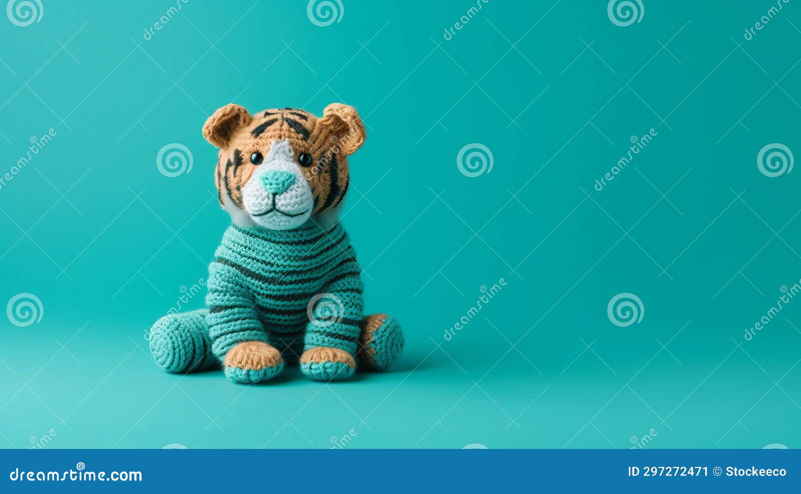 turquoise knitted tiger toy on a vibrant background