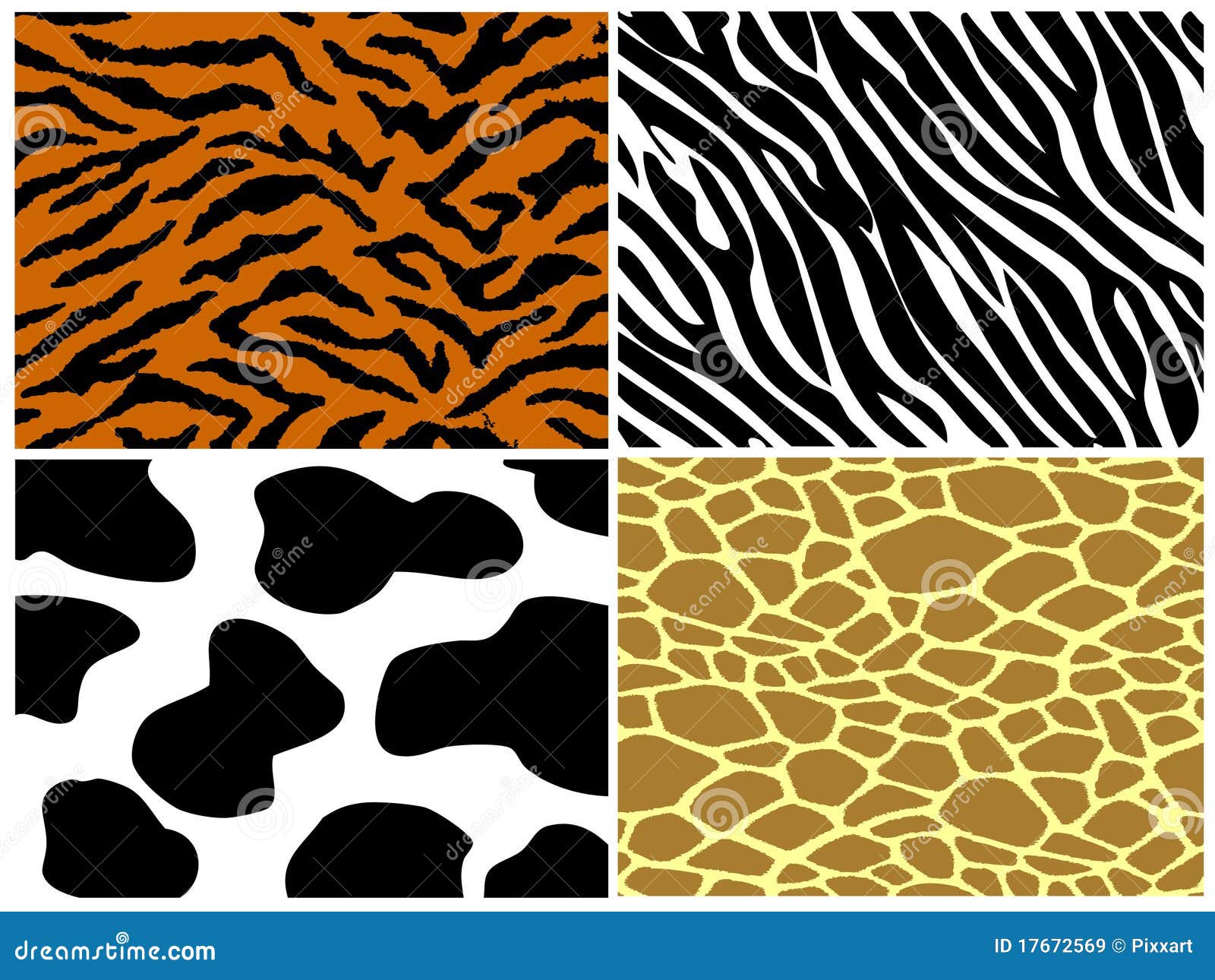 Tiger, zebra, cow and giraffe print, wallpaper or background.