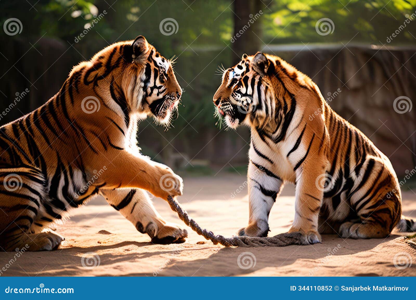 tigers playing tug of war with a rope their muscles flexing and