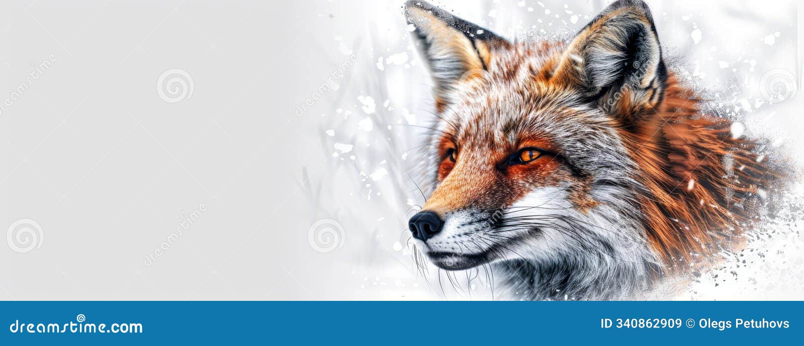a tight shot of a fox's face, snow covering the ground beneath background hazy and indistinct with a blur