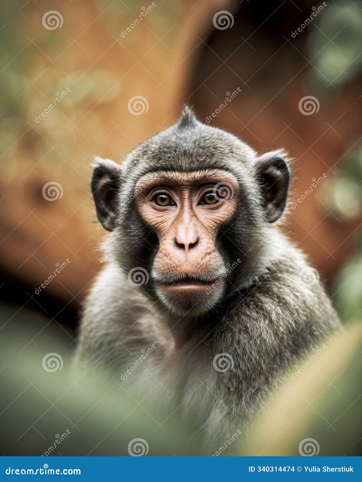 a tight shot of a monkey's face with a softly blurred background.
