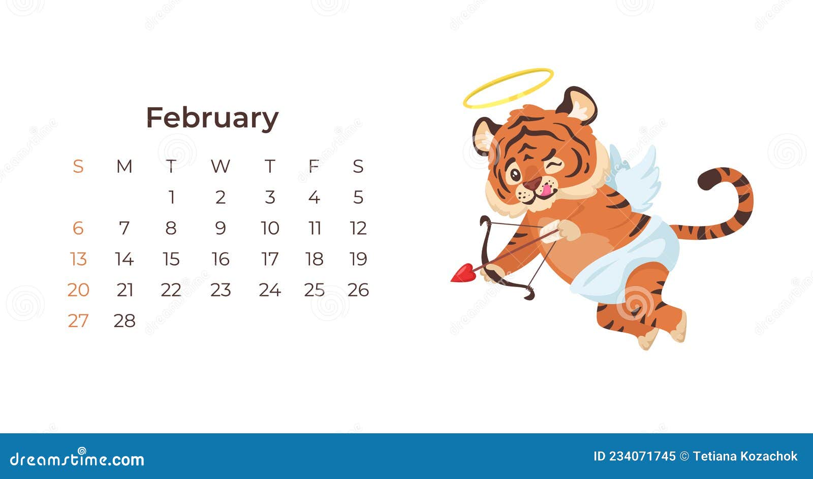 Tigre De Dibujos Animados Lindo Calendario Febrero 2022 Plantilla  Horizontal. Ilustración del Vector - Ilustración de africano, amor:  234071745