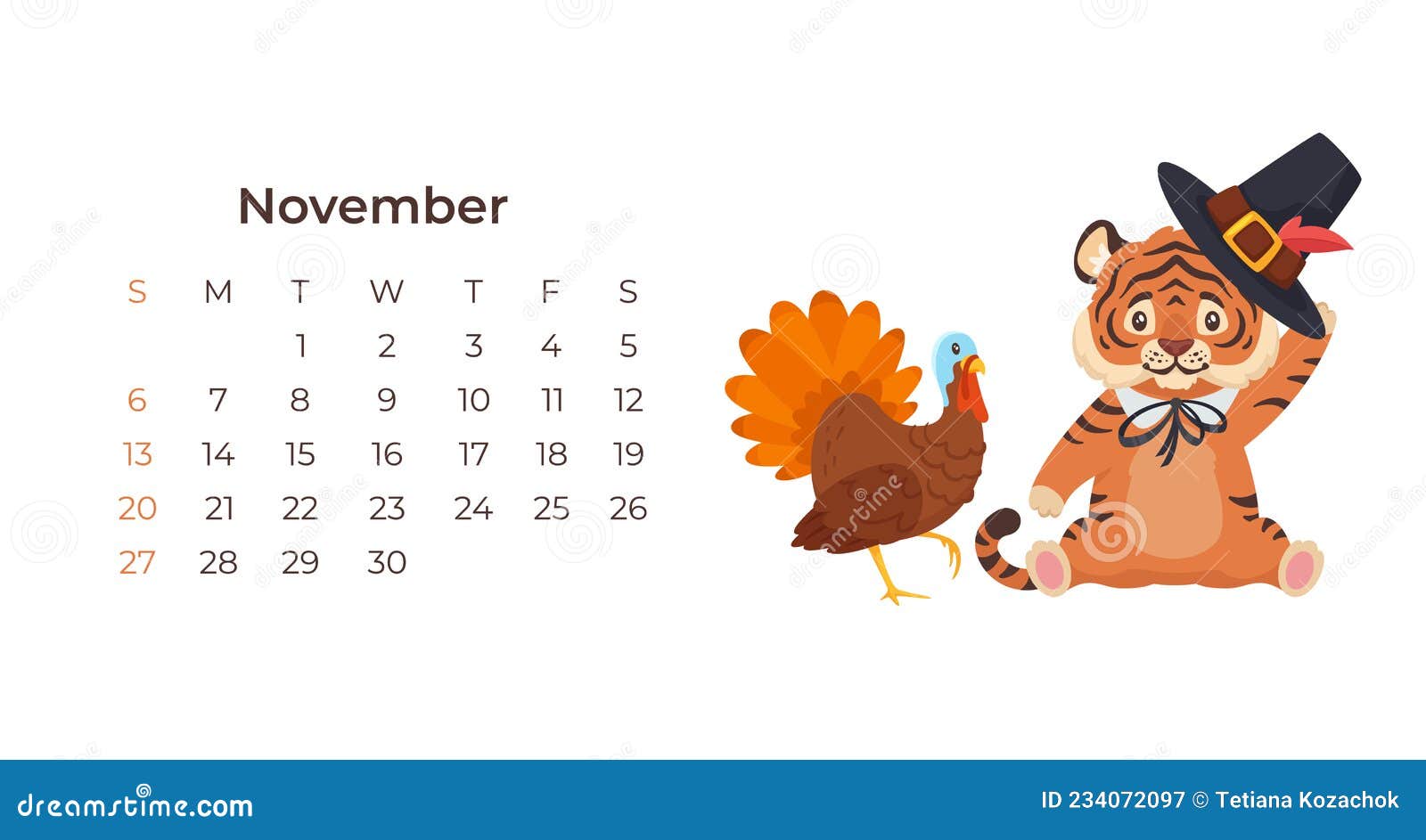 Tigre De Dibujos Animados Lindo Calendario Noviembre 2022 Plantilla  Horizontal. Ilustración del Vector - Ilustración de thanksgiving, aislado:  234072097