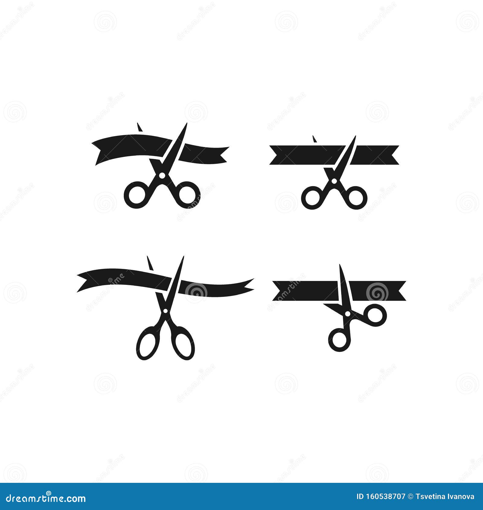 Tijeras Cortando Lazo Conjunto De Iconos De Vector Negro Simple