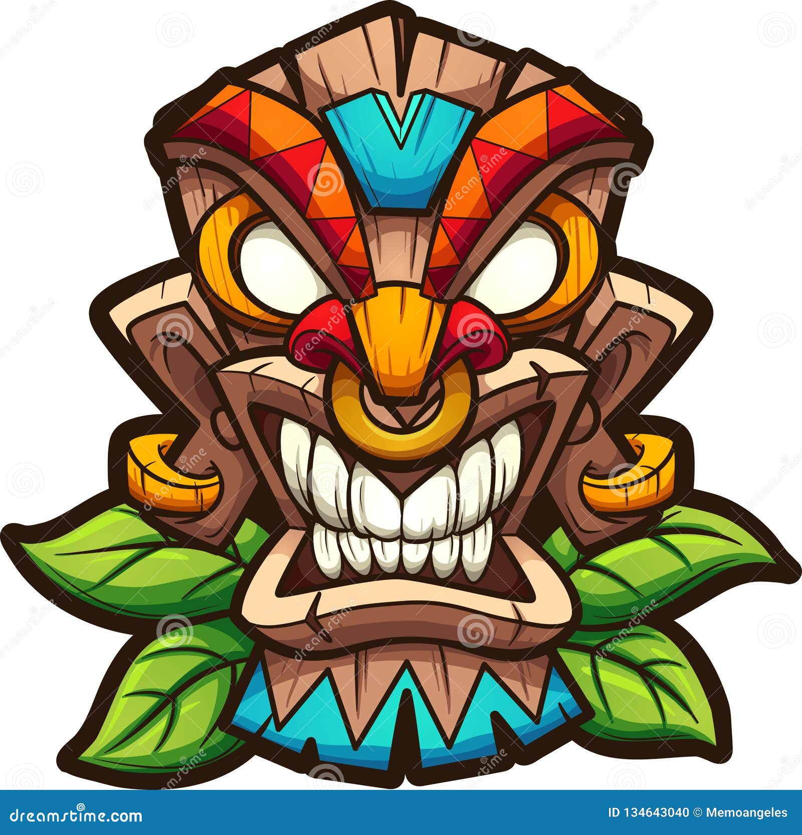 cartoon colorful tiki mask with leaves.