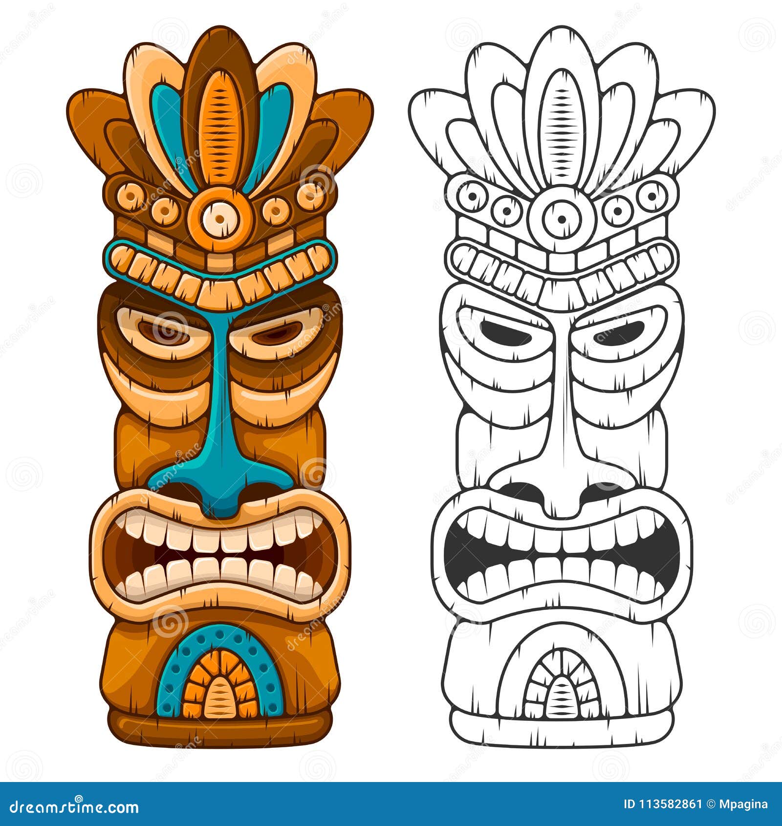 Wooden Tiki mask stock vector. Illustration of contour - 113582861