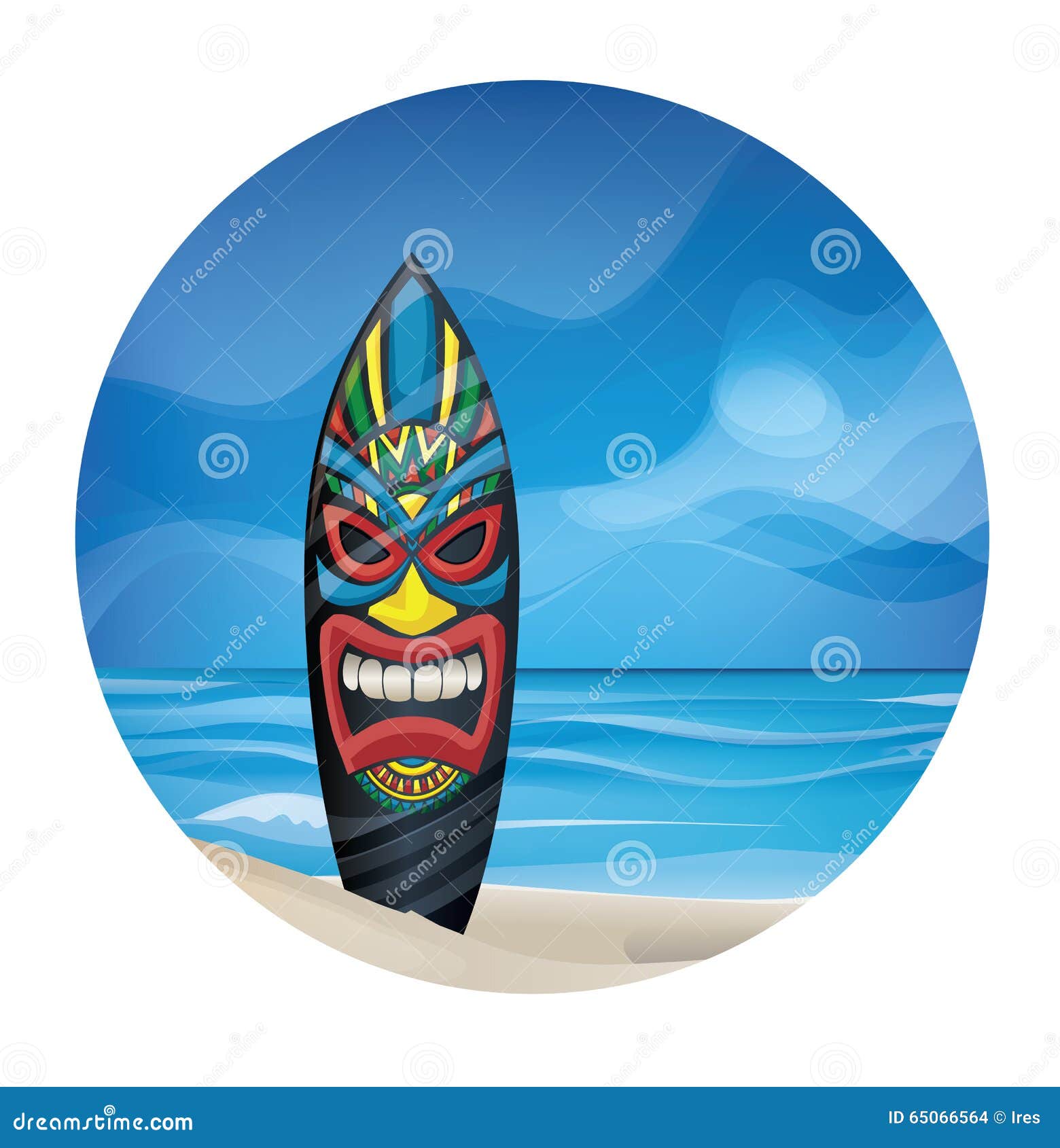 Tiki Warrior Mask Design Surfboard on Ocean Beach Stock Vector
