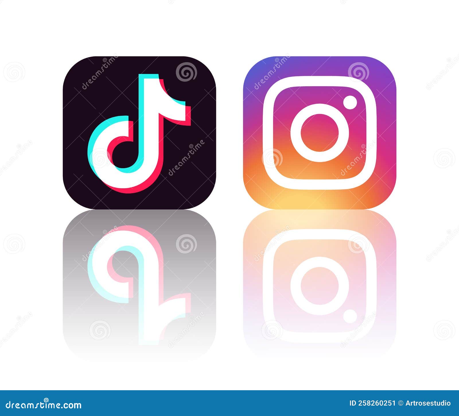 Tiktok and Instagram Mobile Apps Icons with Reflection, Vector ...