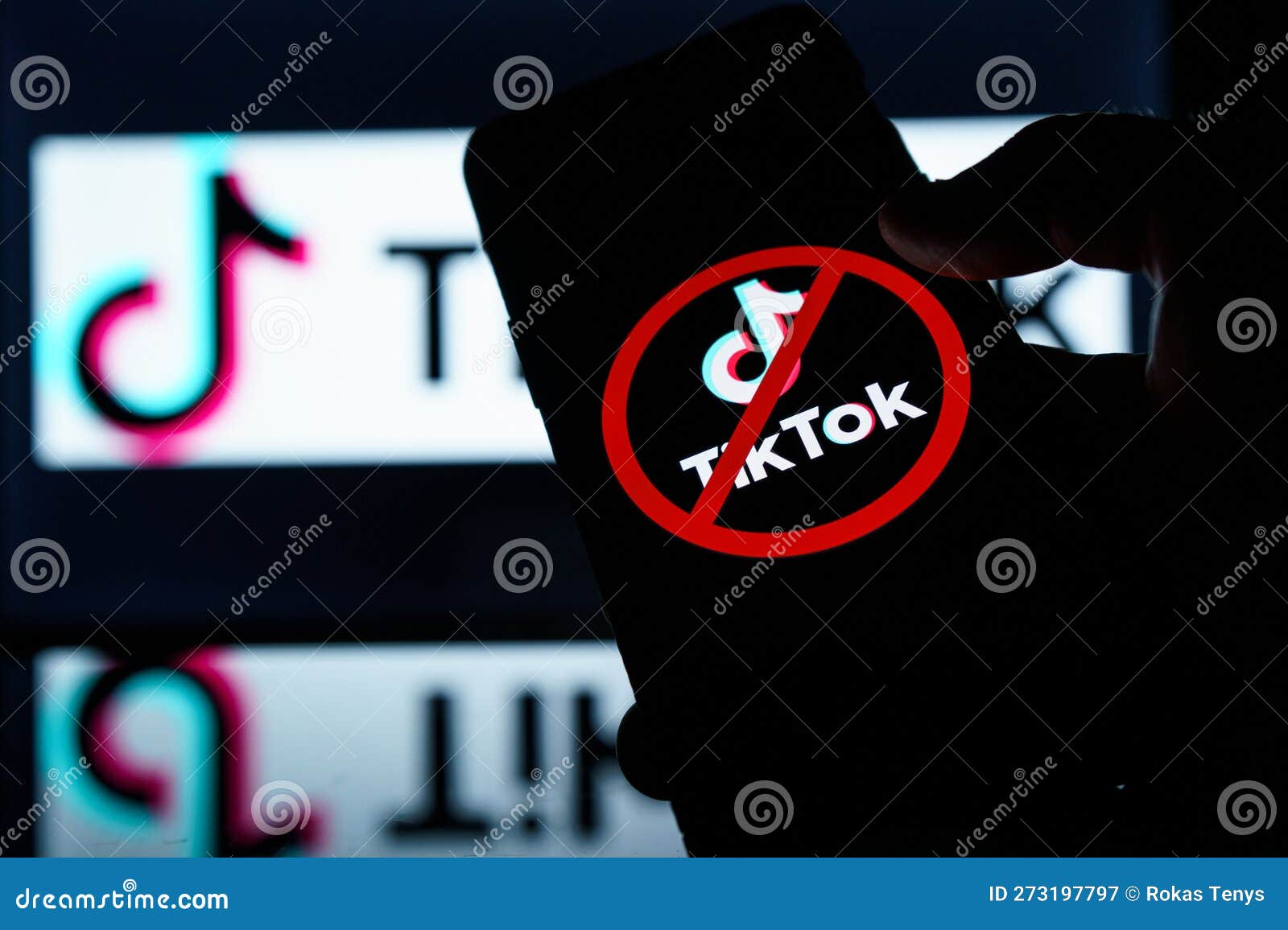 TikTok Logo on Screen with Ban Symbol on it. Sanctions on Tik Tok App