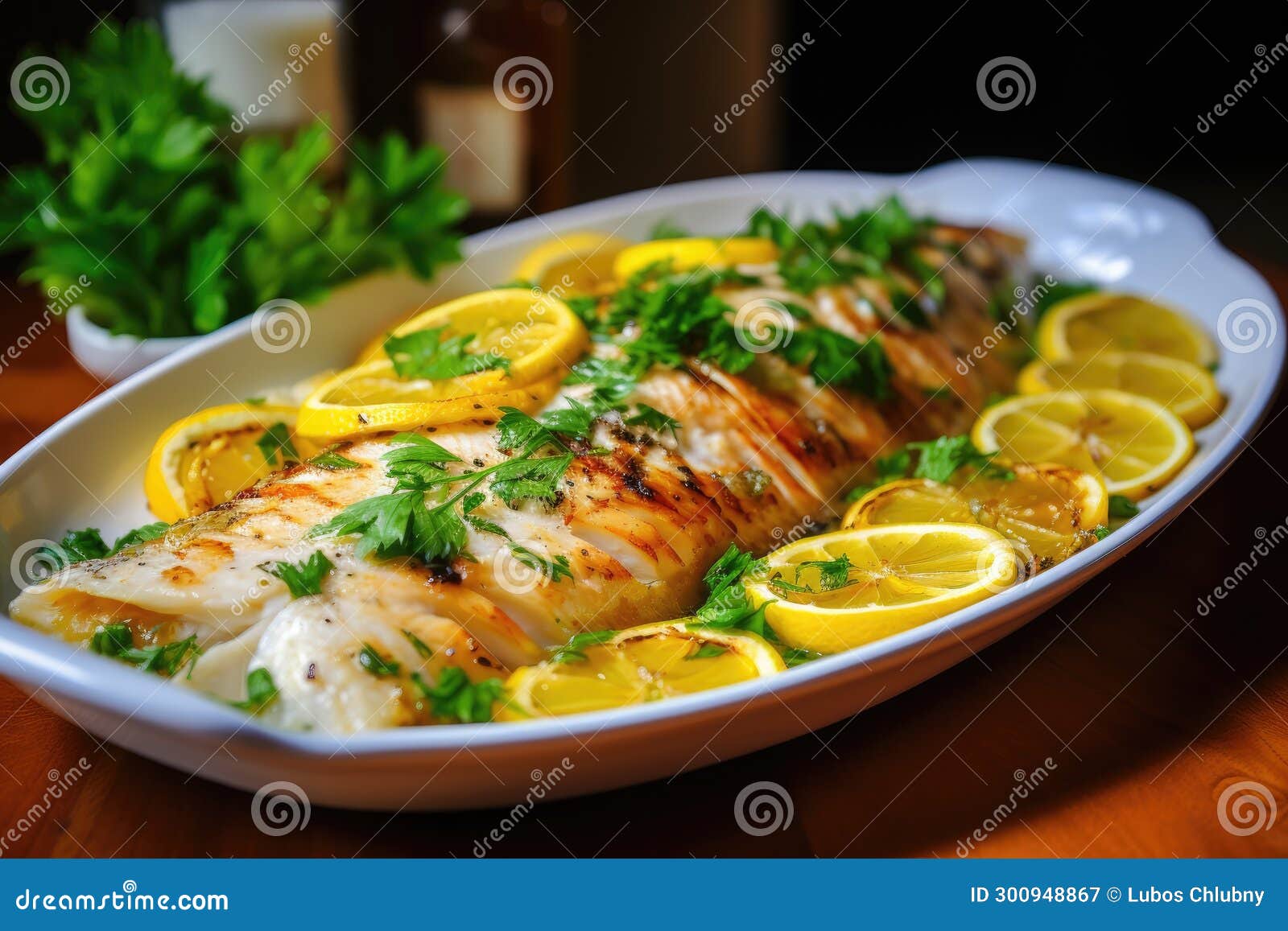 Tilapia Fish Baked with Garlic and Lemon Stock Illustration