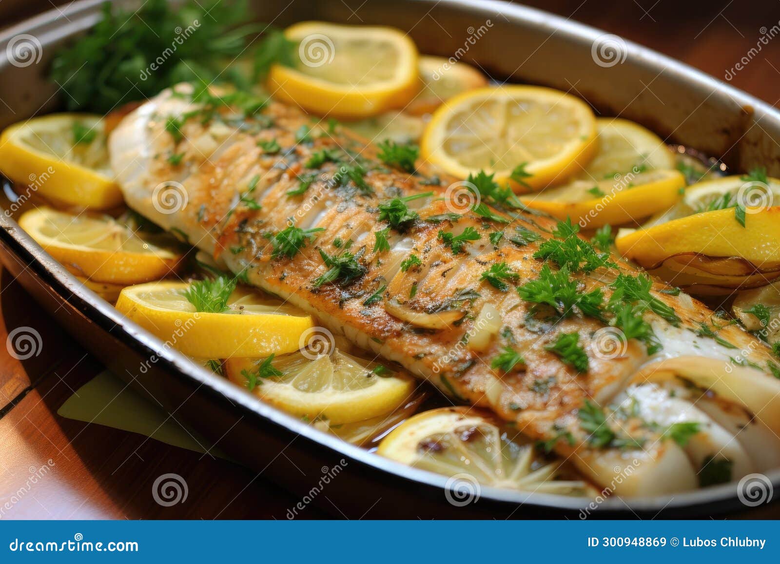Tilapia Fish Baked with Garlic and Lemon Stock Illustration