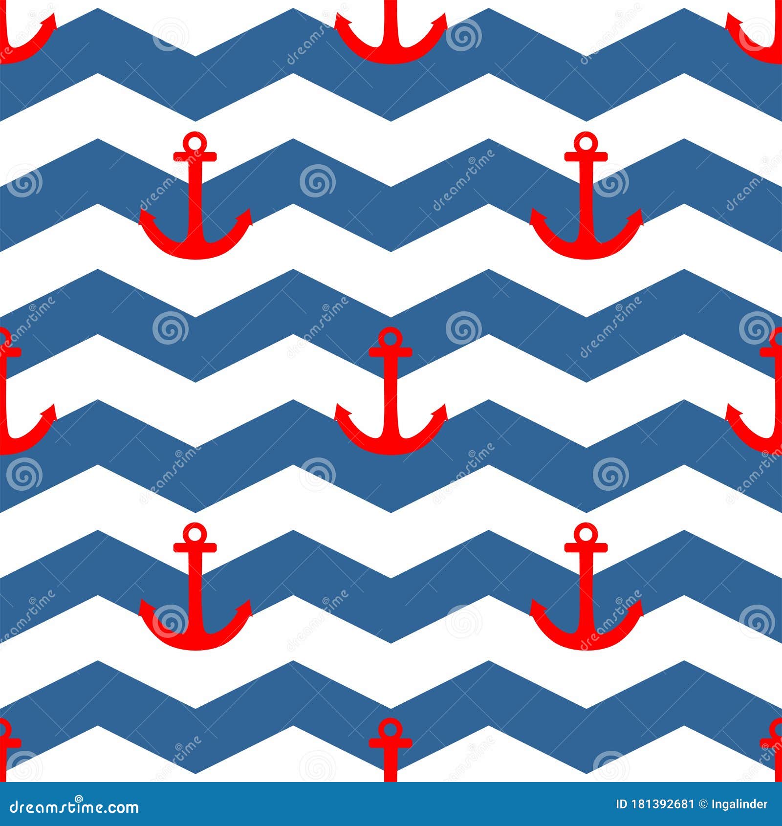 tile sailor  pattern with red anchor on white and blue stripes background