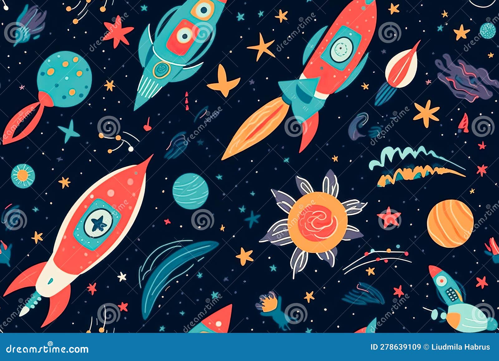 Tile. Seamless Space Pattern with Rocket, Stars and Comets