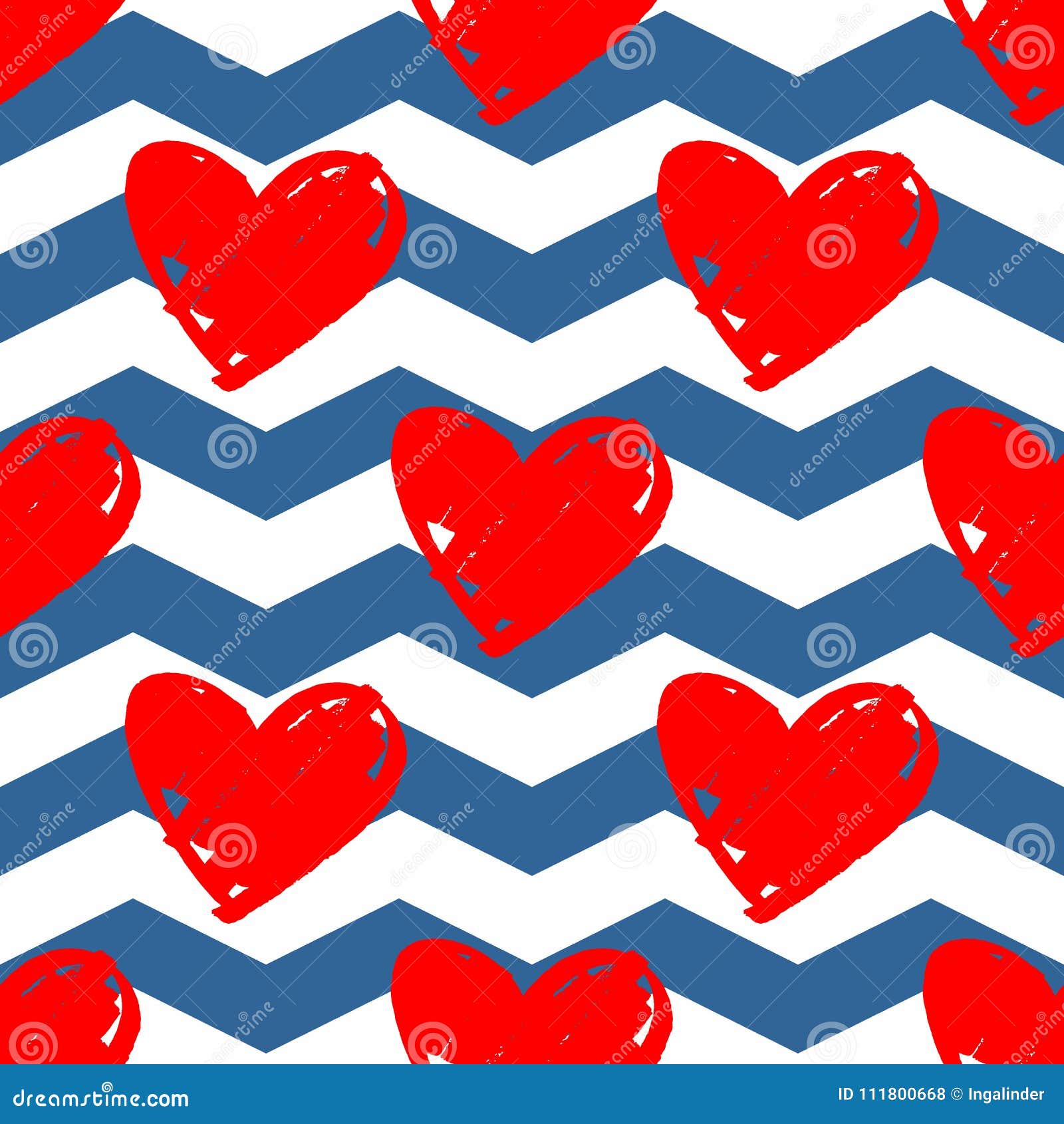 Tile Vector Pattern with Red Hearts on Blue and White Chevron
