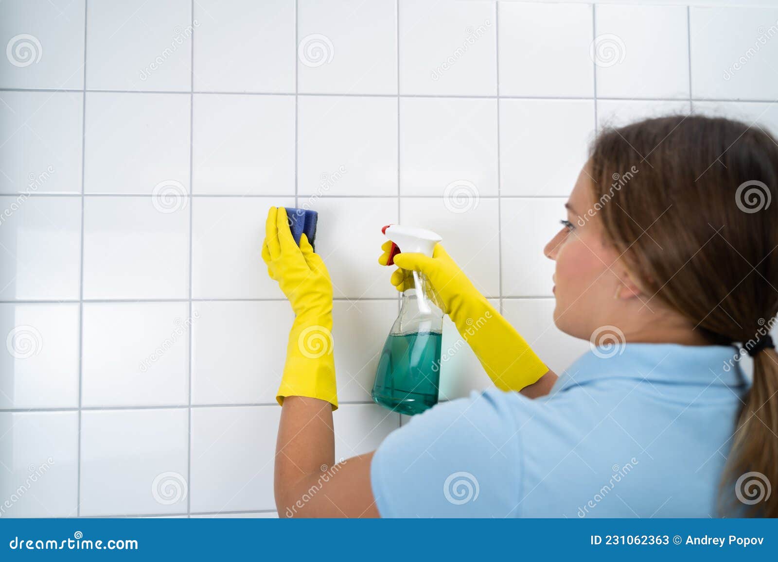 Tile Wall Grout Cleaning with Sponge Stock Image Image of caucasian