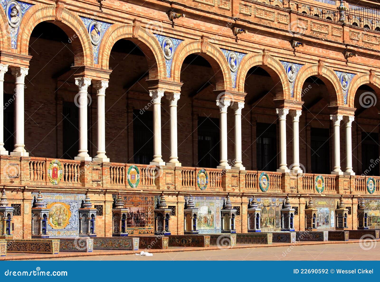 tiled alcoves at plaza de espana, seville, spain