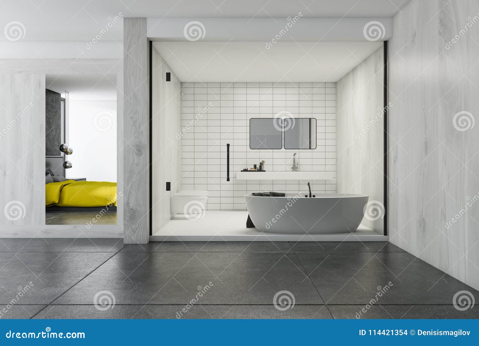 Tiled Bathroom And A Bedroom Stock Illustration