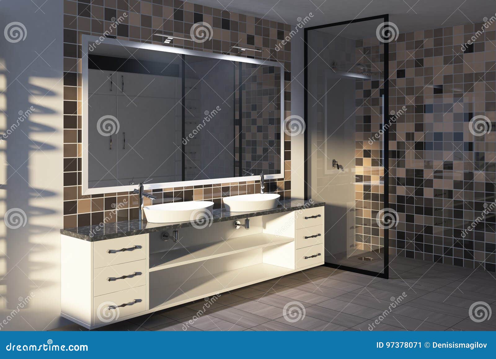 Tiled Beige Bathroom Double Sink Toned Stock Illustration