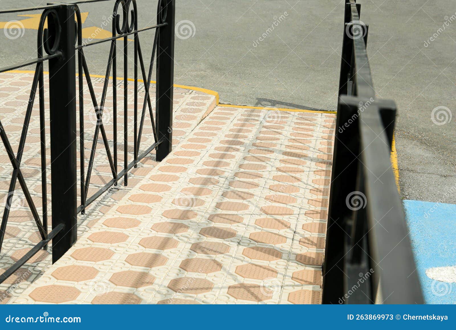 Tiled Ramp with Black Metal Railings Outdoors Stock Image - Image of ...