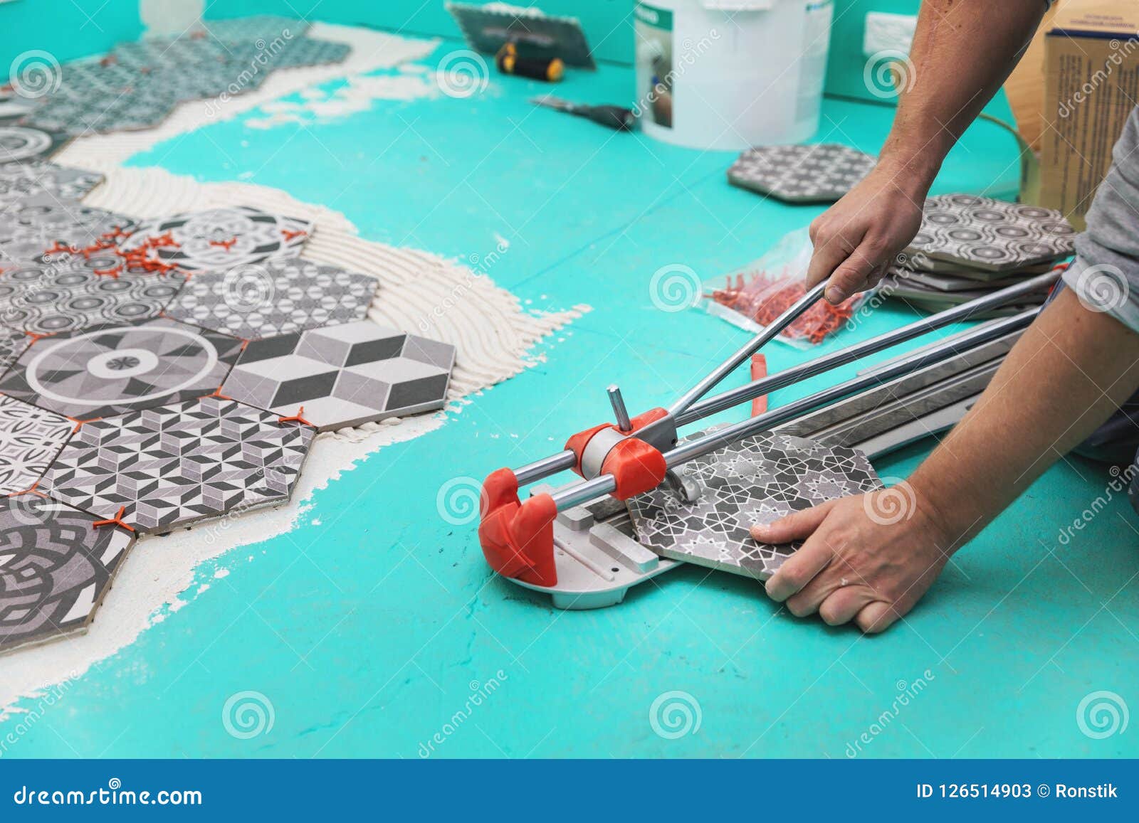 Tiler Cutting Tile with Cutter Stock Image Image of hand, repair