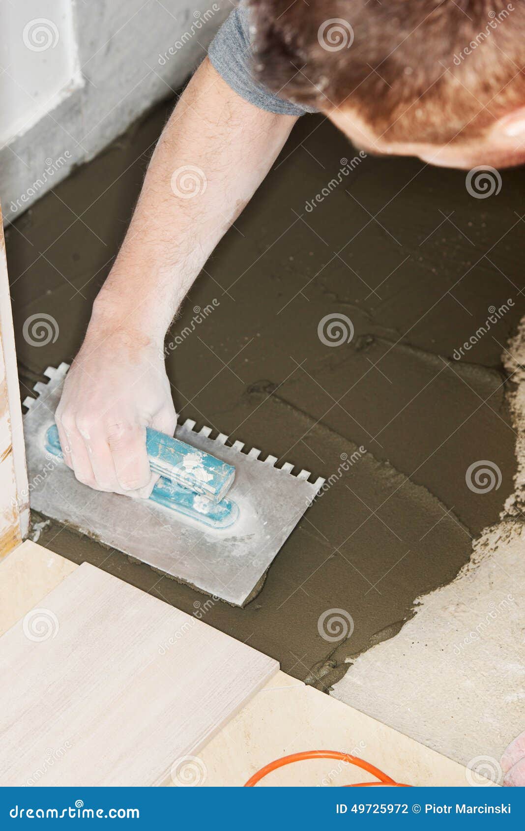 Tiler Installs Ceramic Tiles Stock Photo Image of floor, labor 49725972