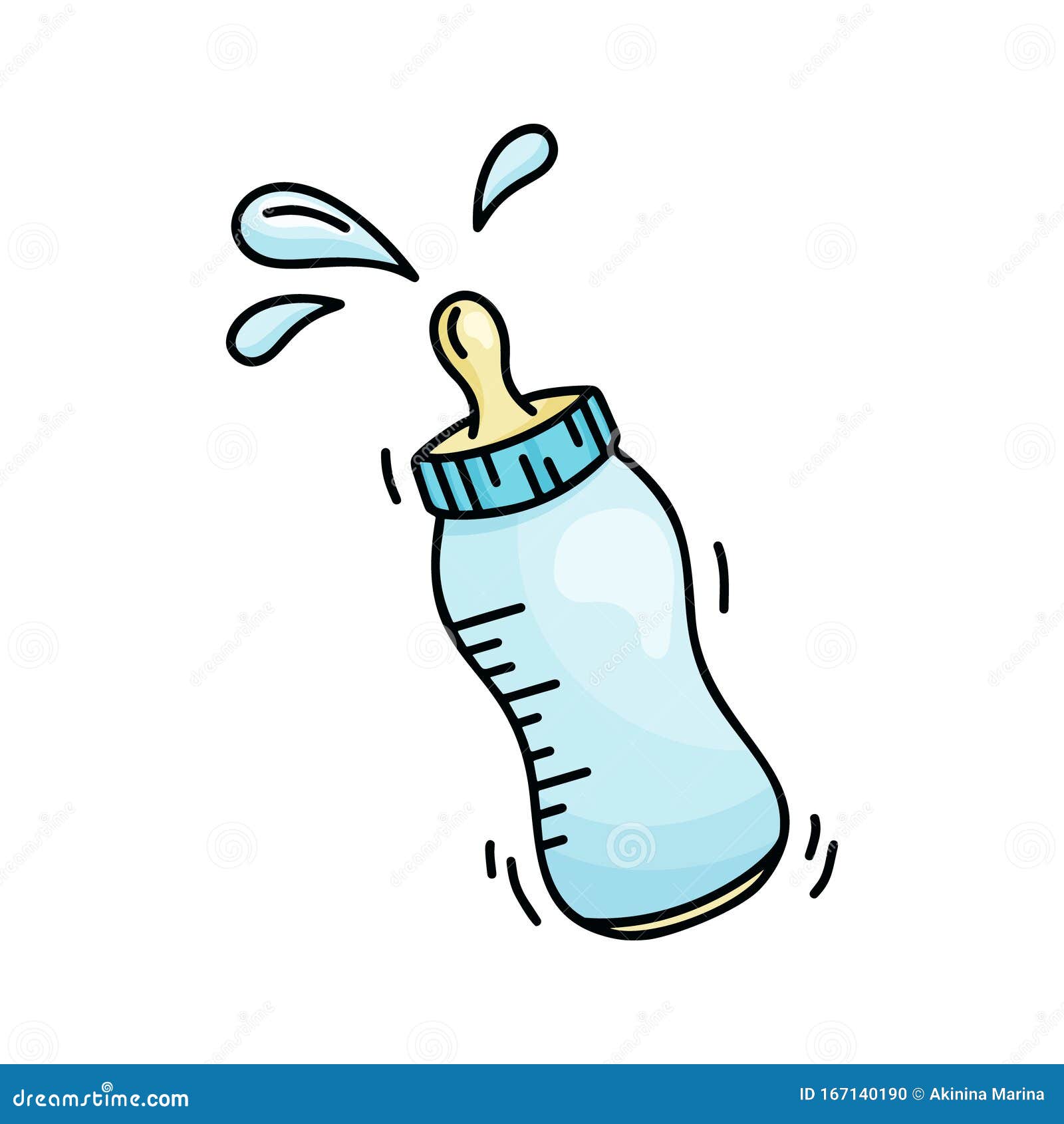 Download Tilted Blue Baby Bottle With Pacifier And Flying Milk Drops. Cartoon Doodle Icon On White ...