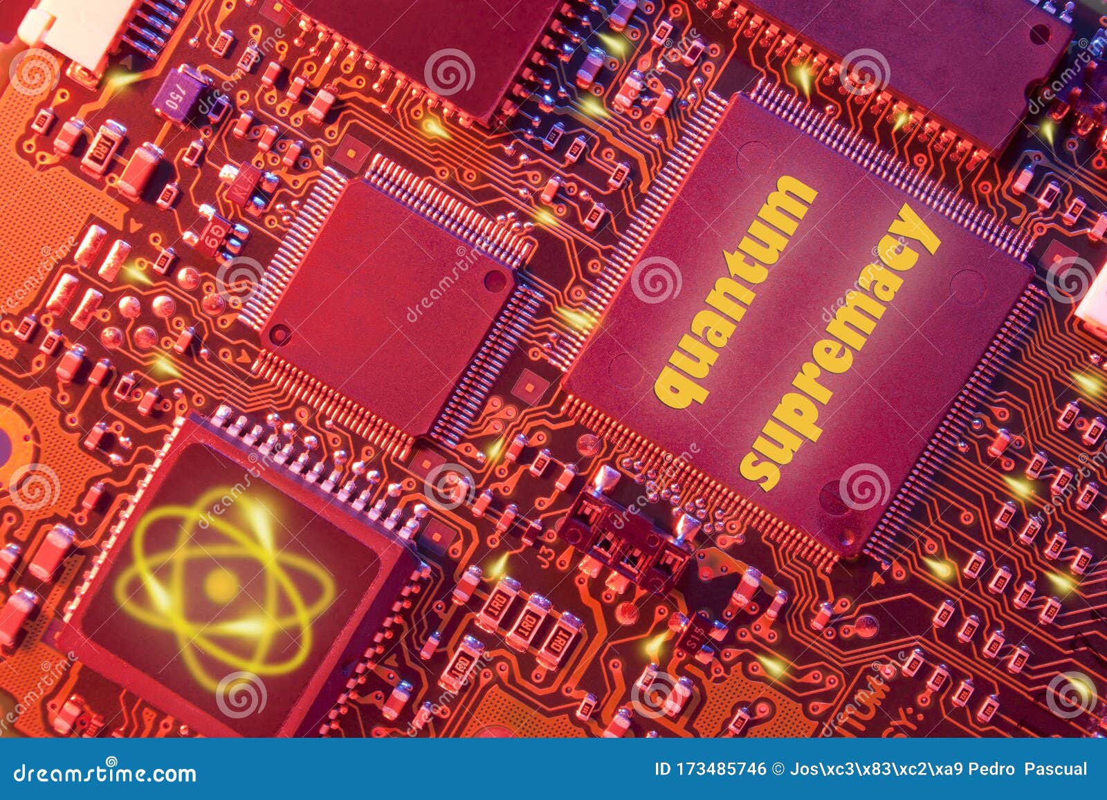 Tilted Electronic Board Close Up Illuminated in Orange Light. Concept