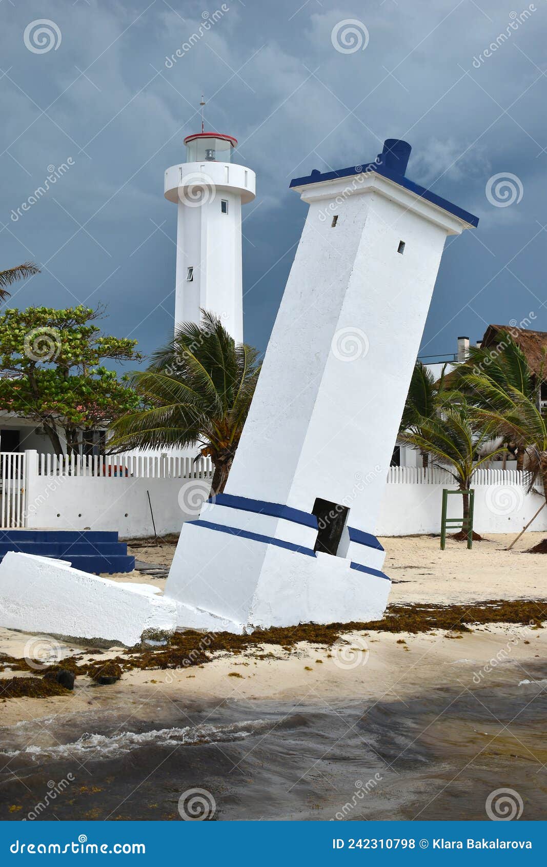 tilted faro inclinado lighthouse in puerto morelos at the malecon wooden pier on the yucatan peninsula in mexico